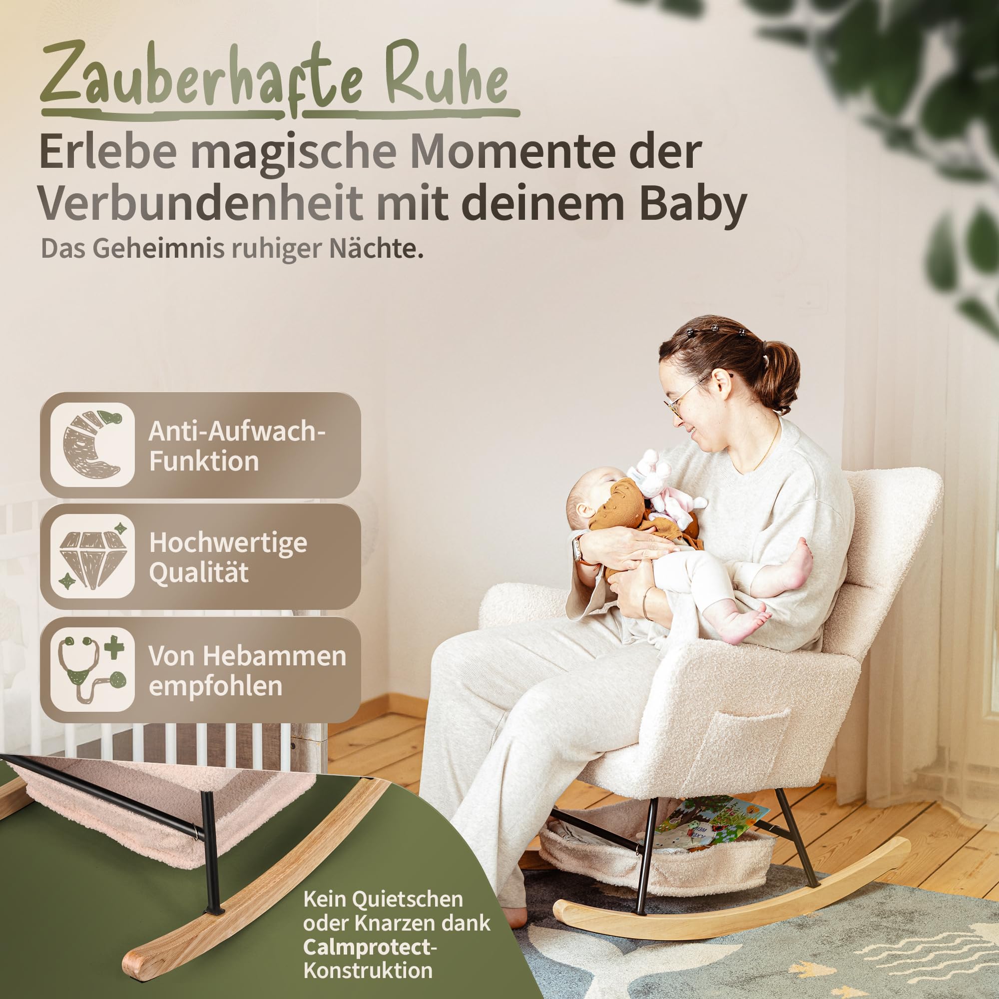 FLAKKARI® Stillsessel Schaukelstuhl Gepolstert [EXTRA-LEISE] mit Taschen Stillstuhl Schaukelsessel Relaxsessel Rocking Chair Nursing Baby | Baby Beige
