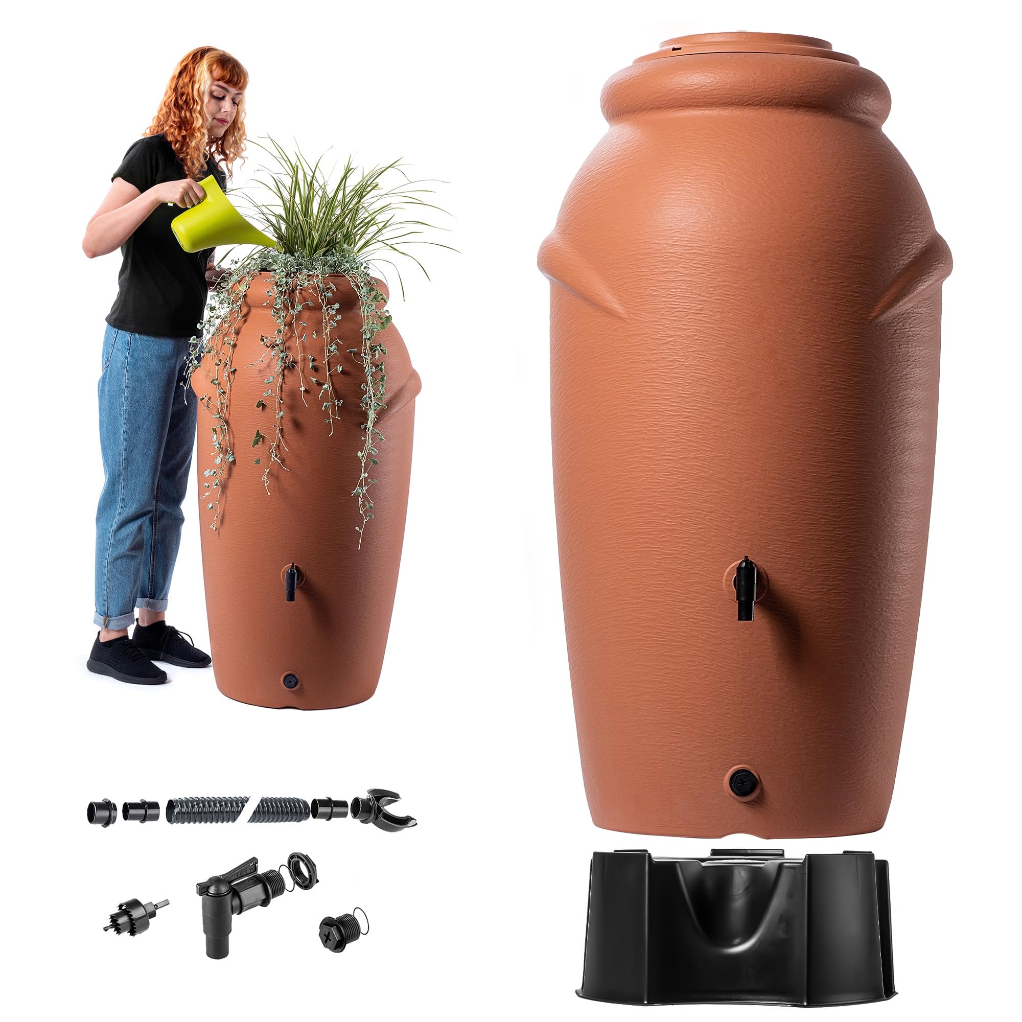 KADAX Serbatoio di Raccolta Acqua Piovana 210 L - Terracotta con Base - Decorazione da Giardino Stile Antico - con Rubinetto e Vaschetta per Piante, Antigelo in HDPE