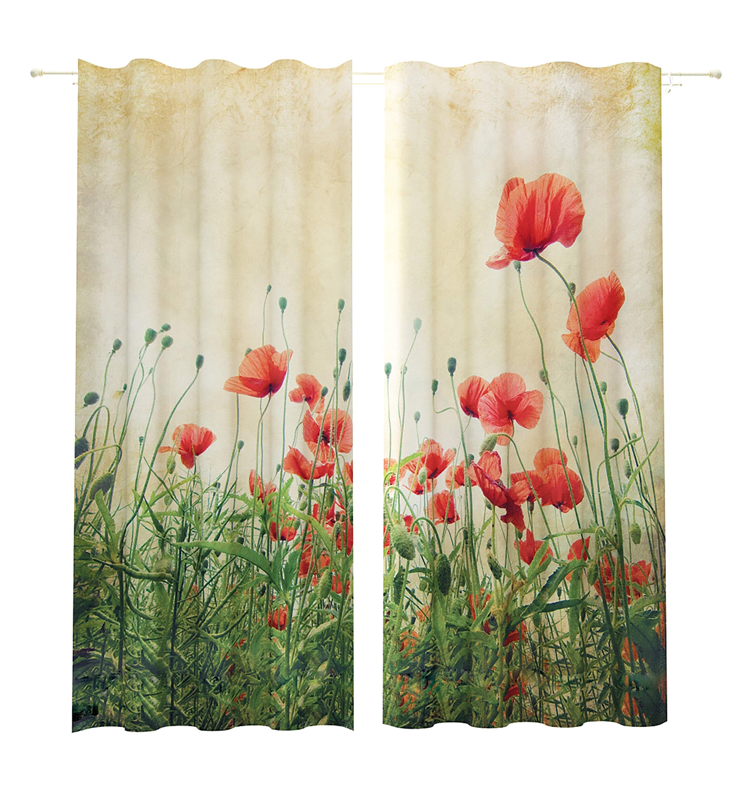 Lemare Vorhang Blickdicht Digitaldruck 2X 145x260 cm Gardinen Verdunkelung, Motiv: Feldmohn, Farbe: Beige