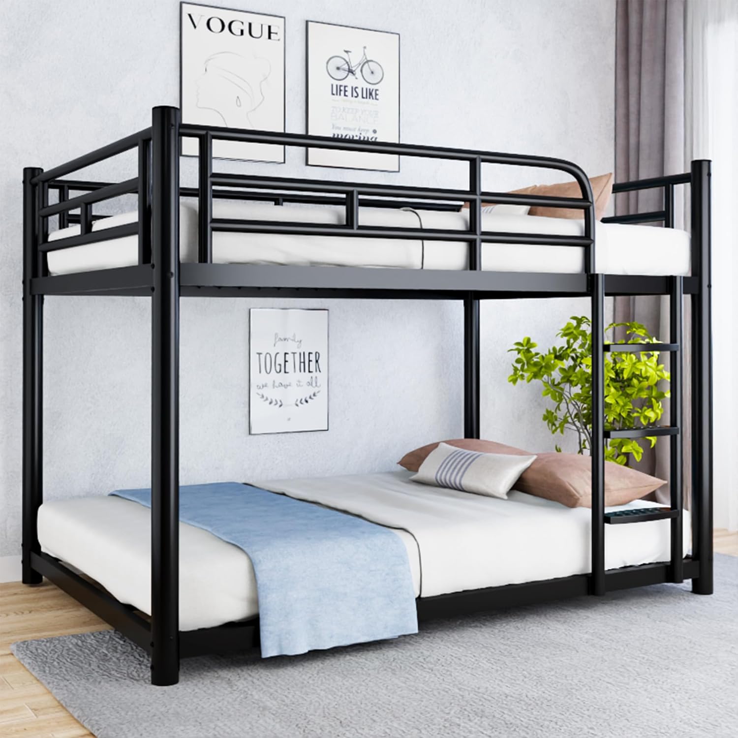 erosoei Metal Bunk Bed, Full Over Full Bunk Beds with Removable Wide Ladder and Full-Length Guardrails, Low Bunk Bed Frame with Mute Design for Undisturbed Sleep for Adults, Kids and Young Teens