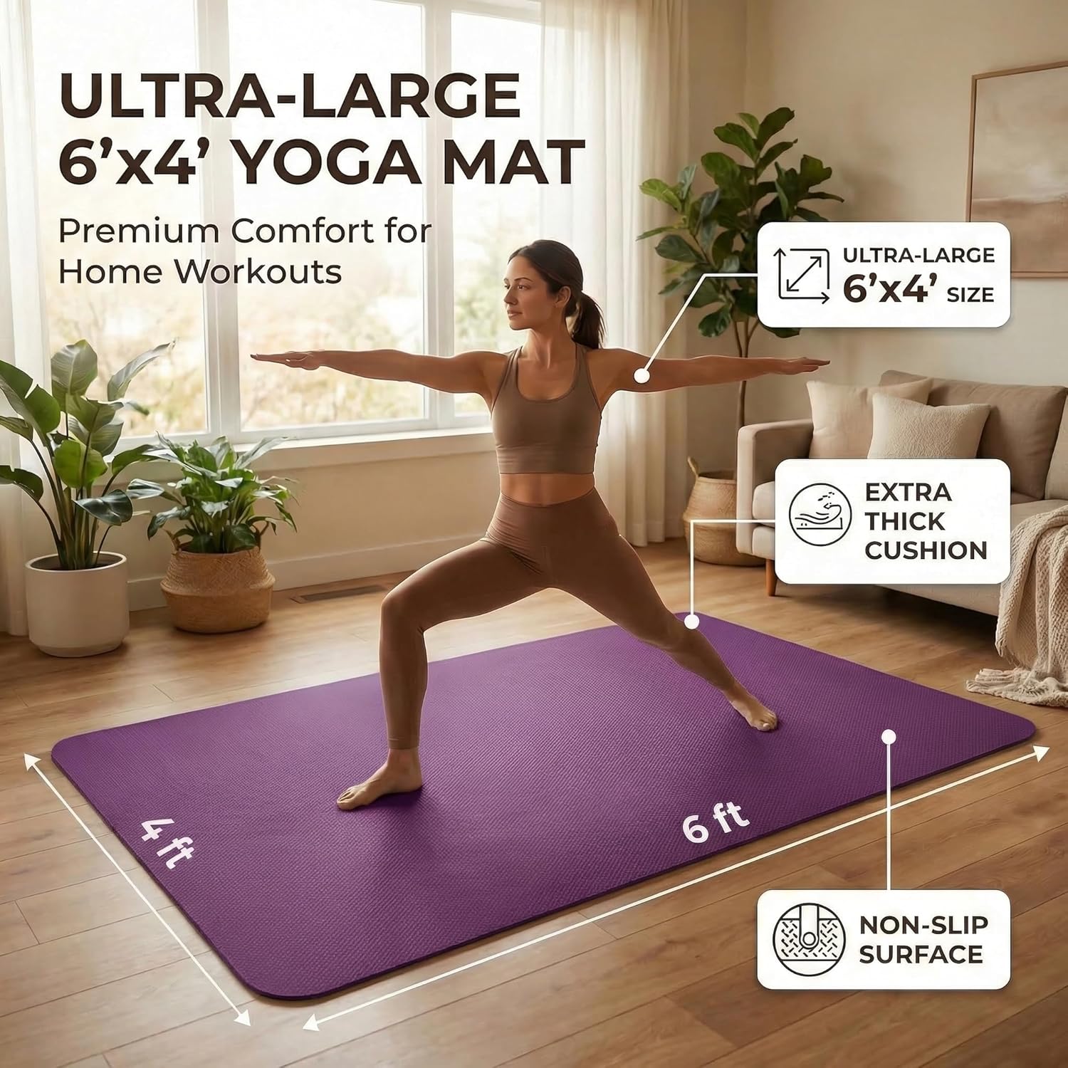 FrenzyBird Large Yoga Mat 6'x 4'（72”x 48”）—1/4" &1/3" Extra Wide Exercise Mat 183cm x 122cm Large Exercise Mat Big Home Yoga Mat Pilates Mat,Non Slip,Thick,TPE Workout Mat,for Women & Men, Yoga, Pilates, Gym and Floor Workouts Pilates