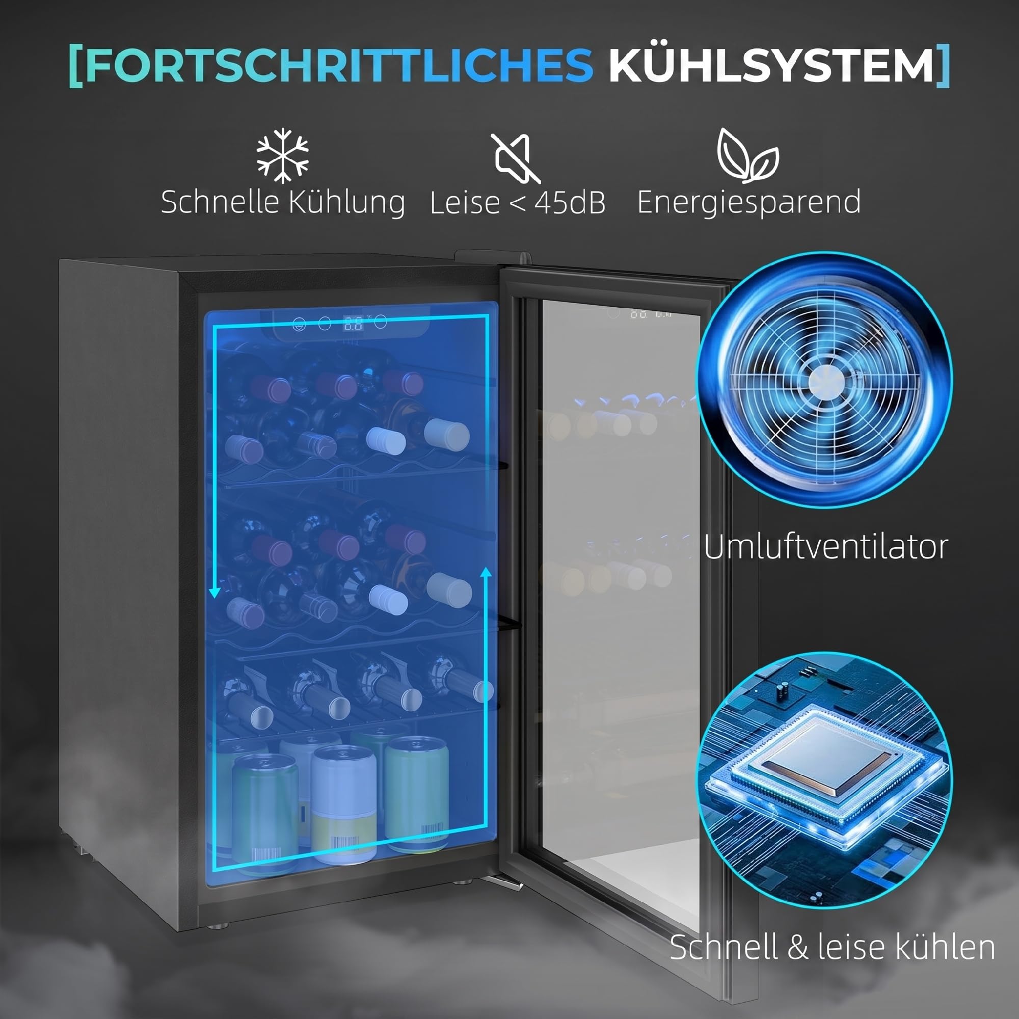 HOMCOM Weinkühlschrank 24 Flaschen 68 Liter 4-16°C UV Schutz Doppelglas-Tür LED-Beleuchtung Digitaler Touchscreen Schwarz