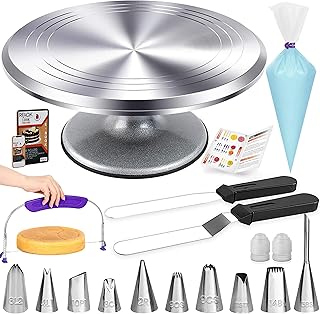 RFAQK 50PCs Cake Turntable Set -12" Aluminum Revolving Stand- Professional Cake Leveler- Decorating Supplies Kit with Straight & Offset Spatula-Numbered Icing Tips & Bags