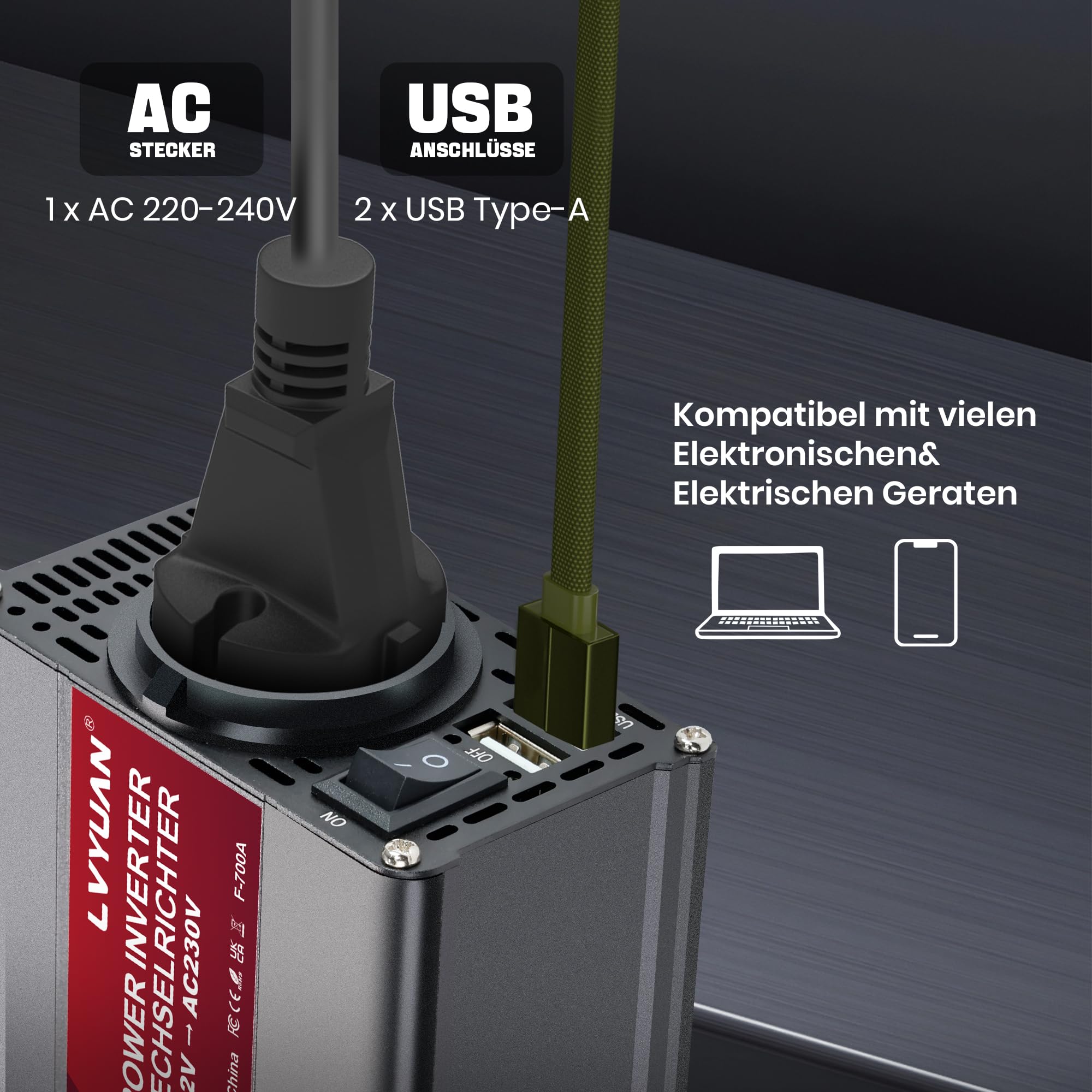 LVYUAN 700W Wechselrichter DC 12V auf 230V AC Spannungswandler Auto Konverter mit Dual USB Ports & EU Steckdosen Kfz Ladegerät Adapter