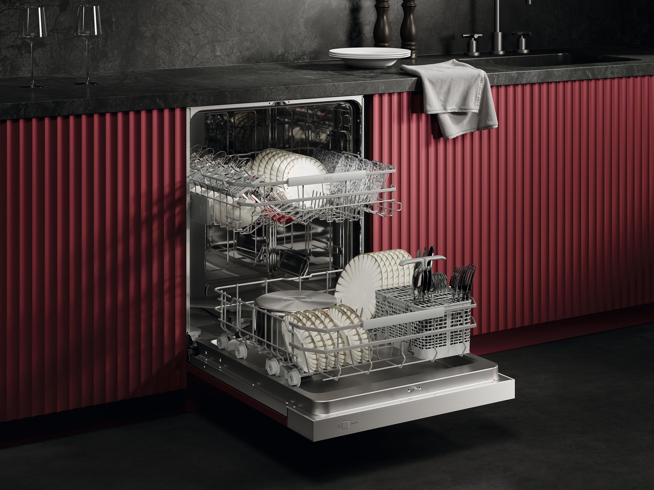 Teilintegrierter AEG 7000 Geschirrspüler 60cm, smarte WiFi Spülmaschine, flexible Körbe & effiziente Reinigung, 44dB, personalisierte Zeitsteuerung, nur 8,4L Wasserverbrauch, Gummi-Spikes, GT7200B1SO