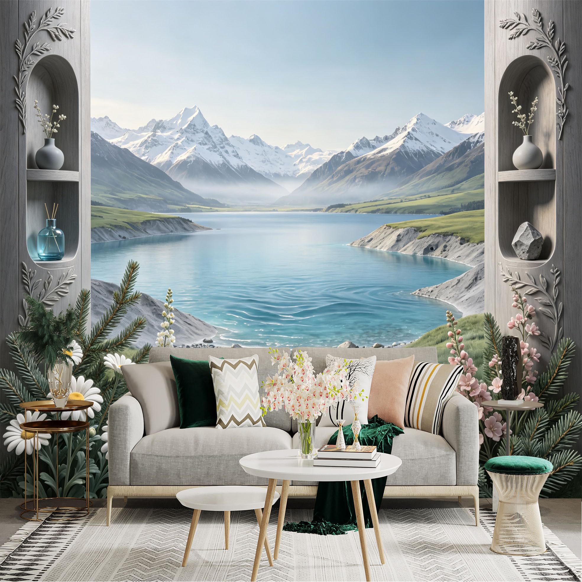 Lnzczhyre Bh260719262 Custom Size Wall Sticker Mural， Scenic Window View With Alpine Lake And Mountains， Wildflowers And Decor Shelves， For Wall Decoration， Peelandstick Wall Decals.