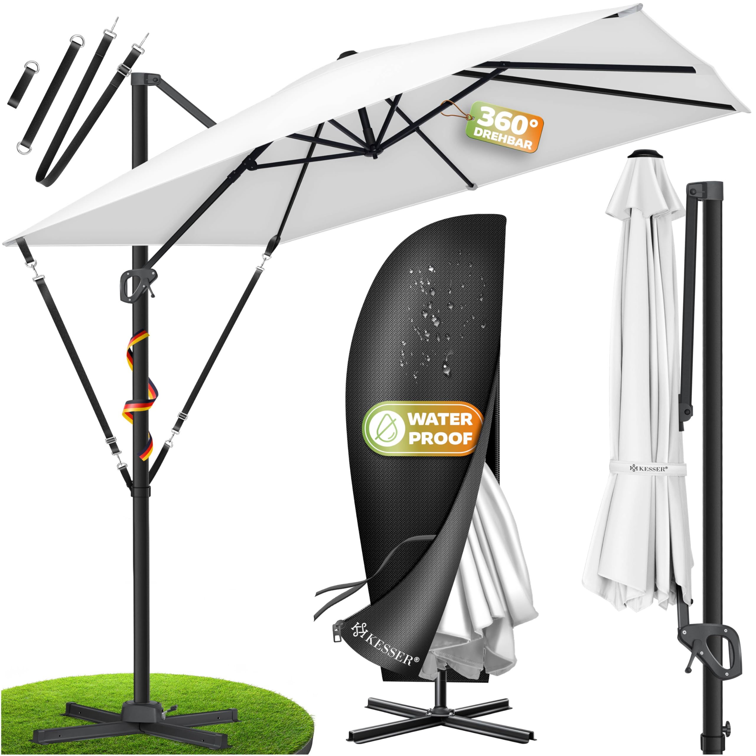 KESSER® Sonnenschirm Ampelschirm SUN XL 300 x 300 cm Inkl. Abdeckung +Windsicherung Drehbar Neigbar Kippbar Marktschirm Groß 360° Rotation, Gartenschirm mit Kurbel Sonnenschutz UV50+, Weiß