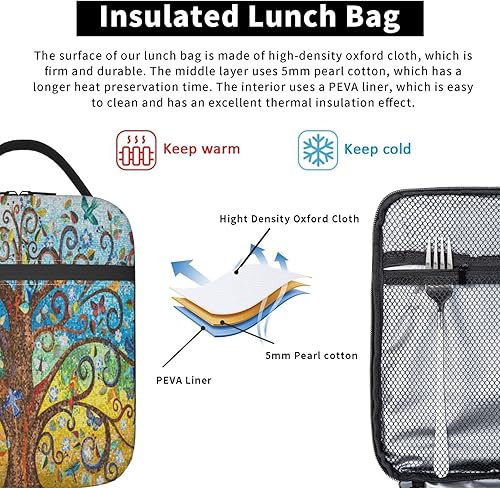 Miniatura 4 de Oplp Colorida bolsa de almuerzo con diseño de árbol de la vida, mosaico, mariposa, pájaros, bolsa de comida aislada, contenedor de alimentos para la
