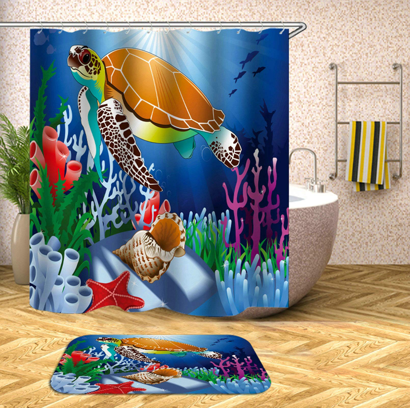 KnSam - Alfombrilla de baño para Cortina de Ducha, Impermeable, antimoho, Tortuga y Shell, 165x200CM
