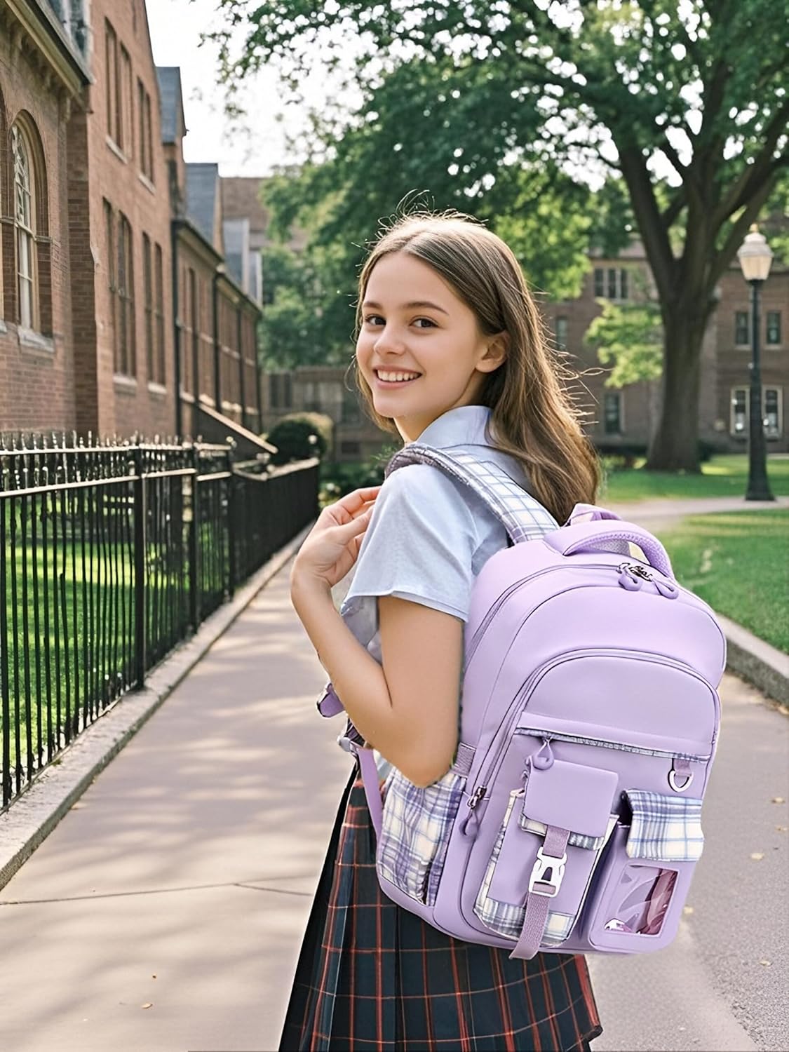 PRLINJSK Girls Backpack，Cute School Backpack for Girls Kids Teens，Kawaii Bookbag for Primary Elementary，Purple