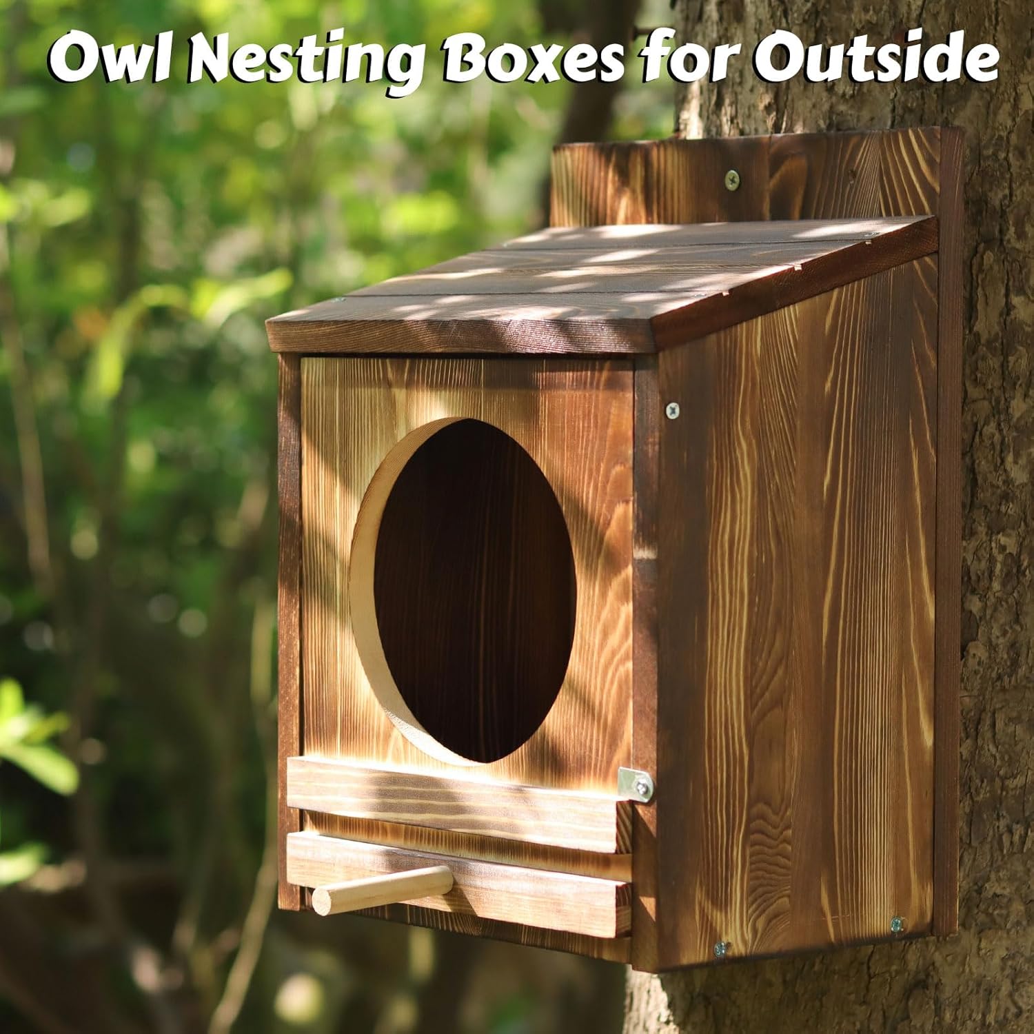 Large Owl House,Screech Owl Nesting Boxes for Outside 14''x 10''x 7.1'' Wooden Nesting Boxes Wildlife Kestrels Barn Barred Screech Great Horned Easy Assembly with Circular Opening
