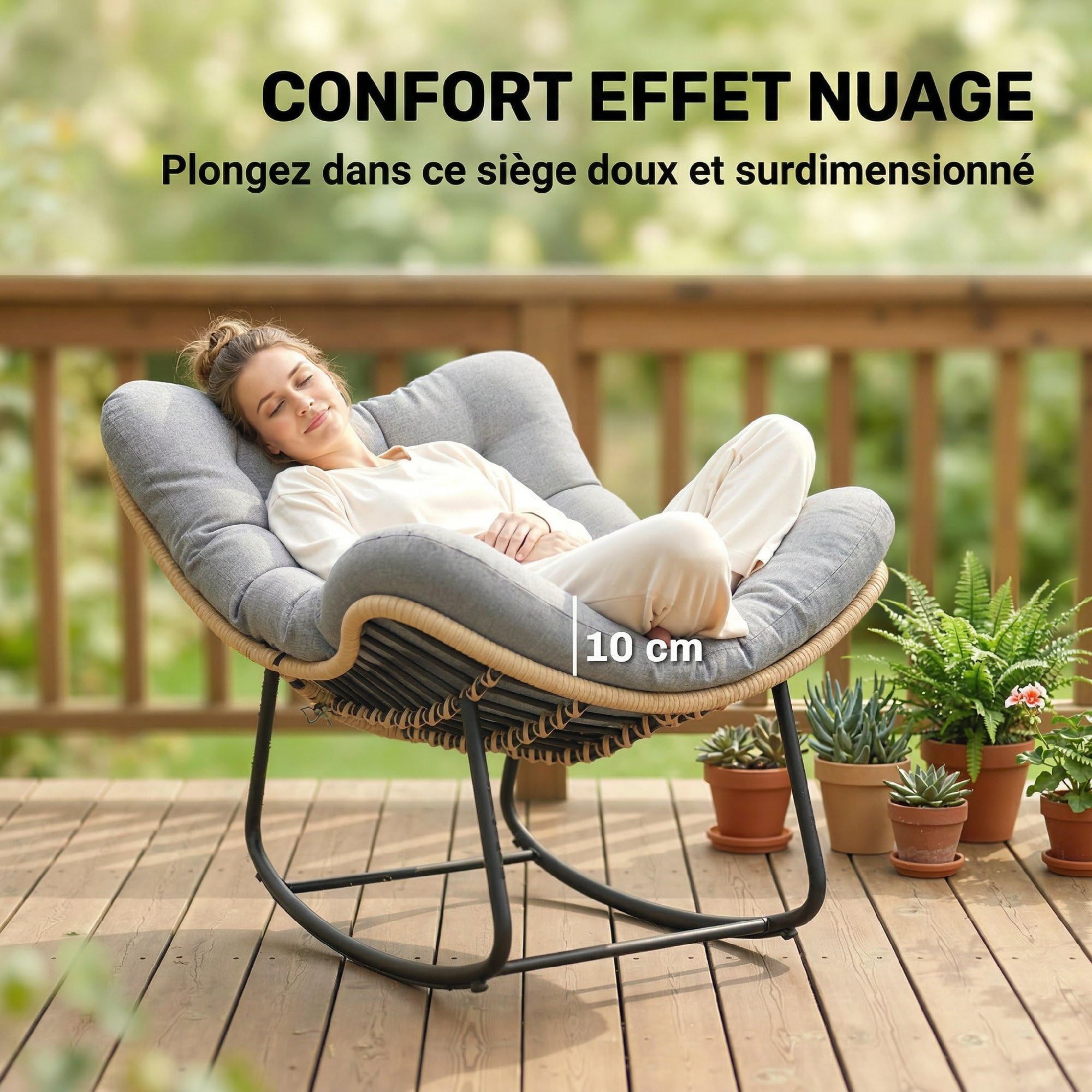 Outsunny Fauteuil à Bascule de Jardin pour Intérieur et Extérieur, Rocking Chair en Résine Tressée avec Coussin Moelleux, Fauteuil Œuf pour Terrasse, Balcon, Chambre, 110 x 87 x 70 cm, Gris