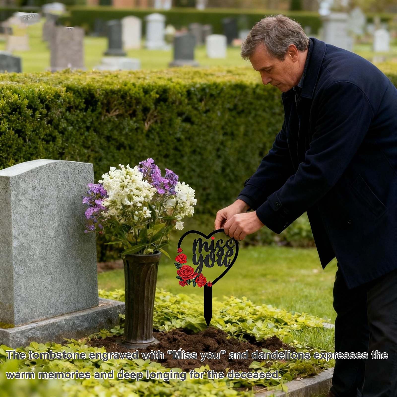 decorazione tomba cuore metallo 1 pezzo 30x18 cm resistente per esterno con scritta Miss You e soffione per cimitero giardino prato commemorazione