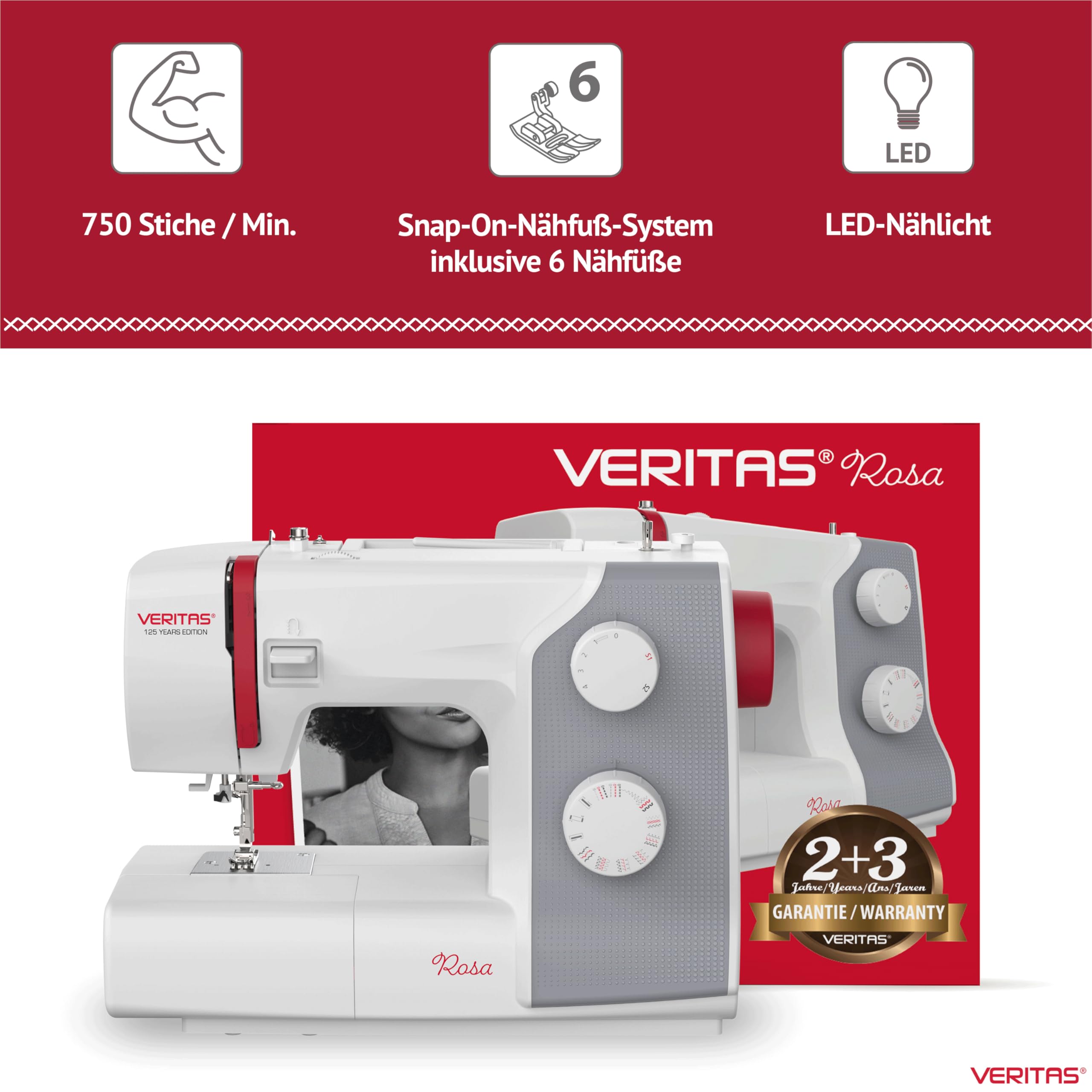 VERITAS Nähmaschine Rosa I 23 Stichprogramme I Einfädelhilfe I Auto-Fadenspannung & Fadenabschneider I Einstellbare Stichlänge I LED-Nählicht I Freiarmnähmaschine (weiß-grau)