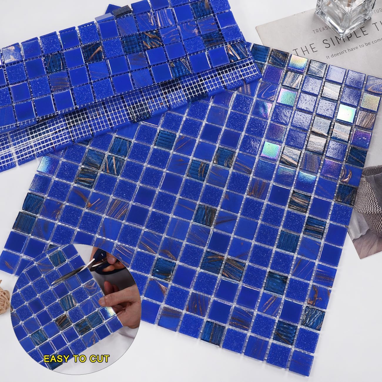 11.5 Sq.Ft Iridescent Cobalt Blue Glass Mosaic Tiles, 12.9" Sheets (10-Pack), Waterproof Mesh-Mounted for Swimming Pool & Shower Floor, Grout Required (Not Peel and Stick), 4mm Dark Blue