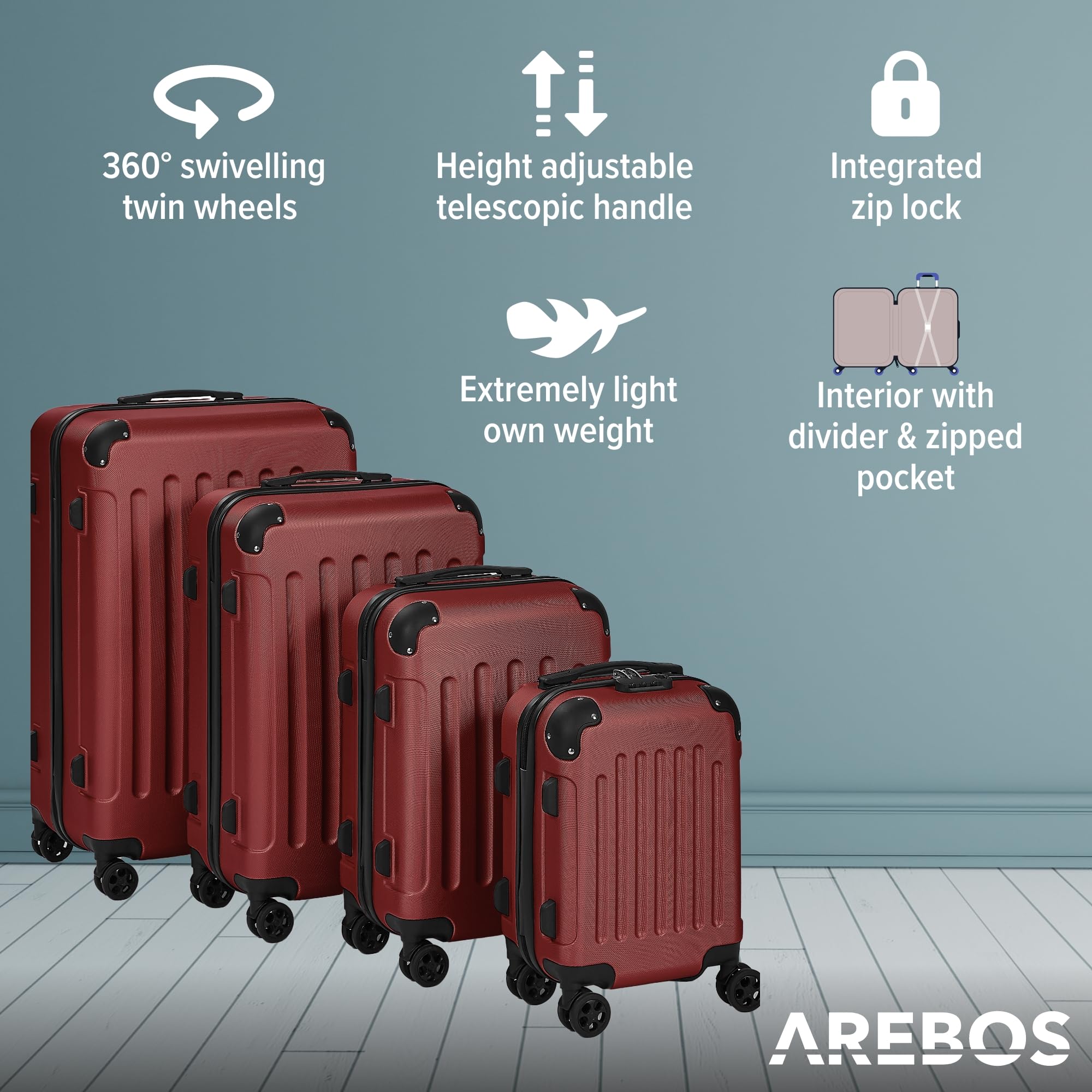 Arebos Zestaw 4 walizek podróżnych I Sztywna skorupa ABS I Zestaw walizek na kółkach I Teleskopowa rączka I Kółka 360° I S-M-L-XL | Czerwony