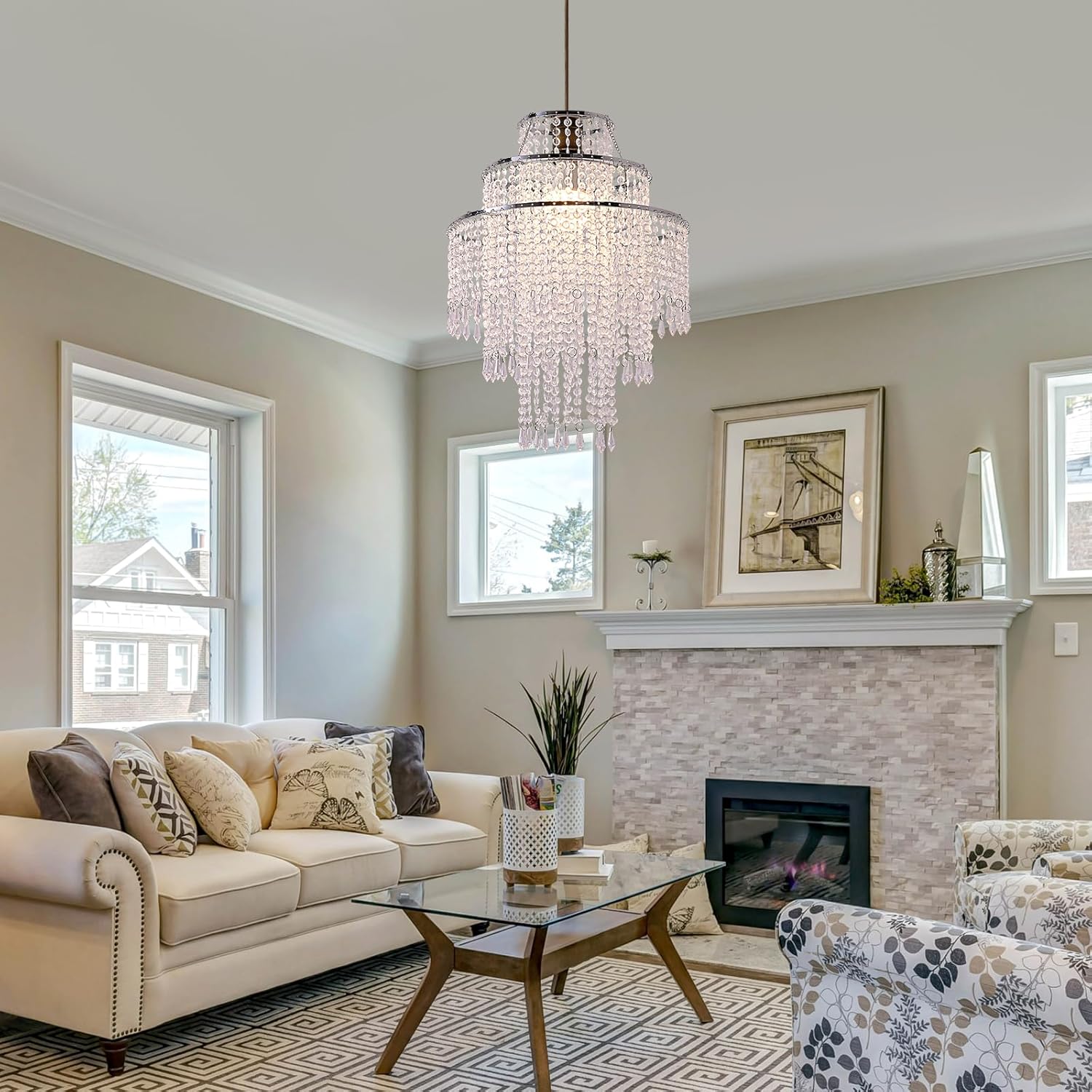 3 Tiers Acrylic Chandeliers lamp Shade, Acrylic Beaded Chandelier,Pendant Ceiling Light Shade for Wedding Bedroom Hallway Bathroom - Diameter 13.7''*H17.7''