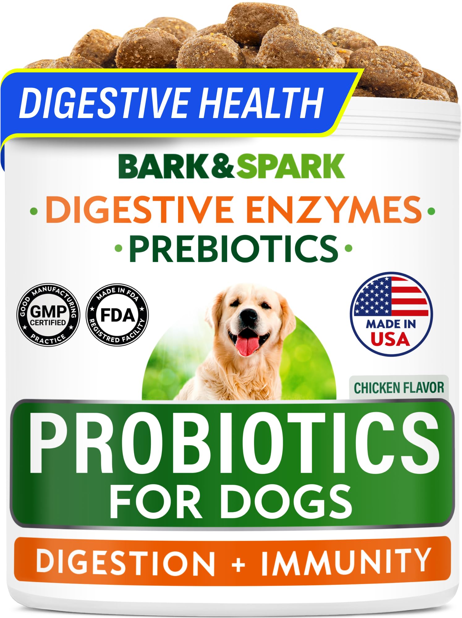 Bark&Spark Dog Probiotics & Digestive Enzymes (Gut Health) Allergy & Itchy Skin - Pet Diarrhea Gas Treatment Upset Stomach Relief, Digestion Health Prebiotic Supplement Tummy Treat (120Ct Chicken)