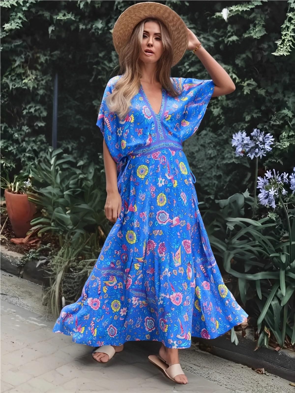 Vestido de Playa Mujer Pavo Real Estampado Floral Manga murciélago Vestidos Largos Bohemios Señoras Cuello en V Borla Verano