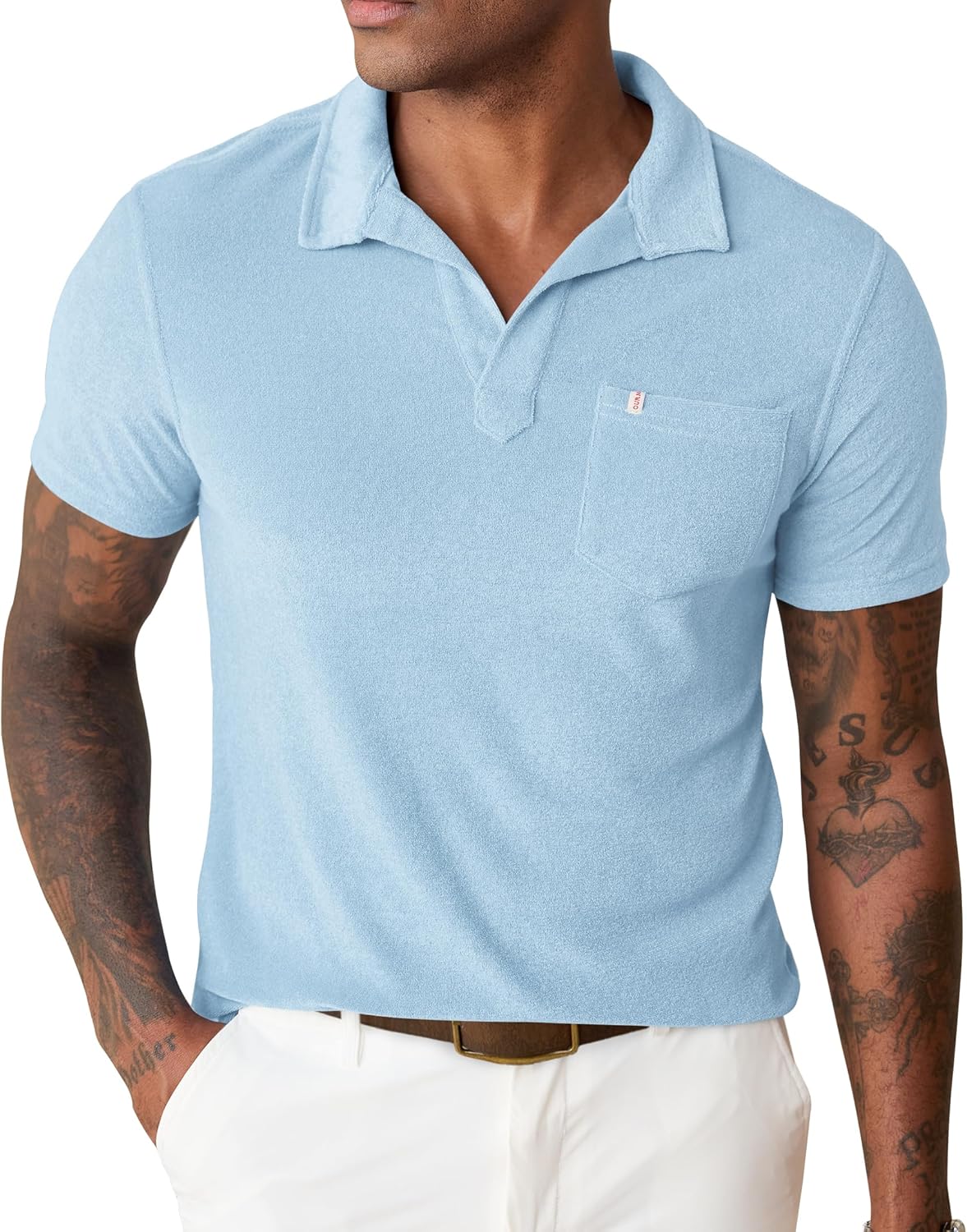 Mens Terry Cloth Polo Shirts Johnny Collar Casual Shirt with Pocket (S-XXL)
