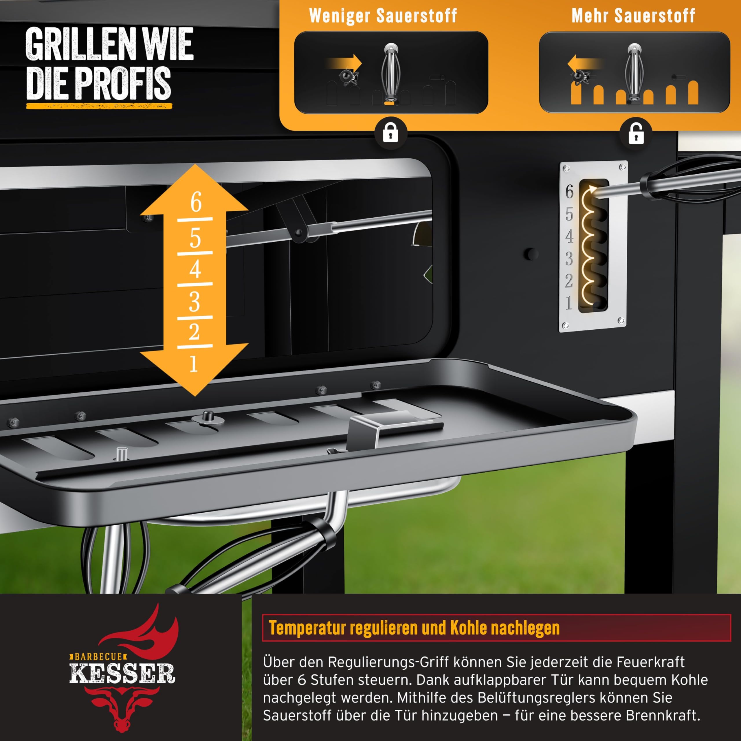 KESSER® Parilla de Carbón con Carrito Grill con Tapa, Ruedas, Mango de Acero Inoxidable | Barbacoa y Termómetro Carbón Grande BBQ Asador Camping, Terraza, Jardín XXL Negro