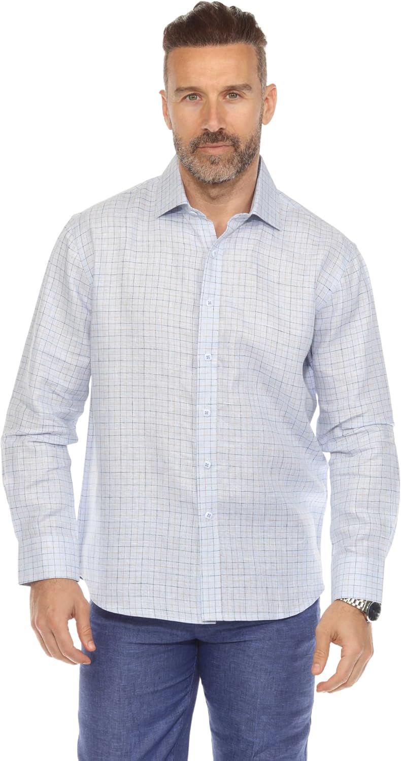 Mojito Collection Men's Casual Long Sleeve Linen Shirt Checkered Print 100% Linen Button Down