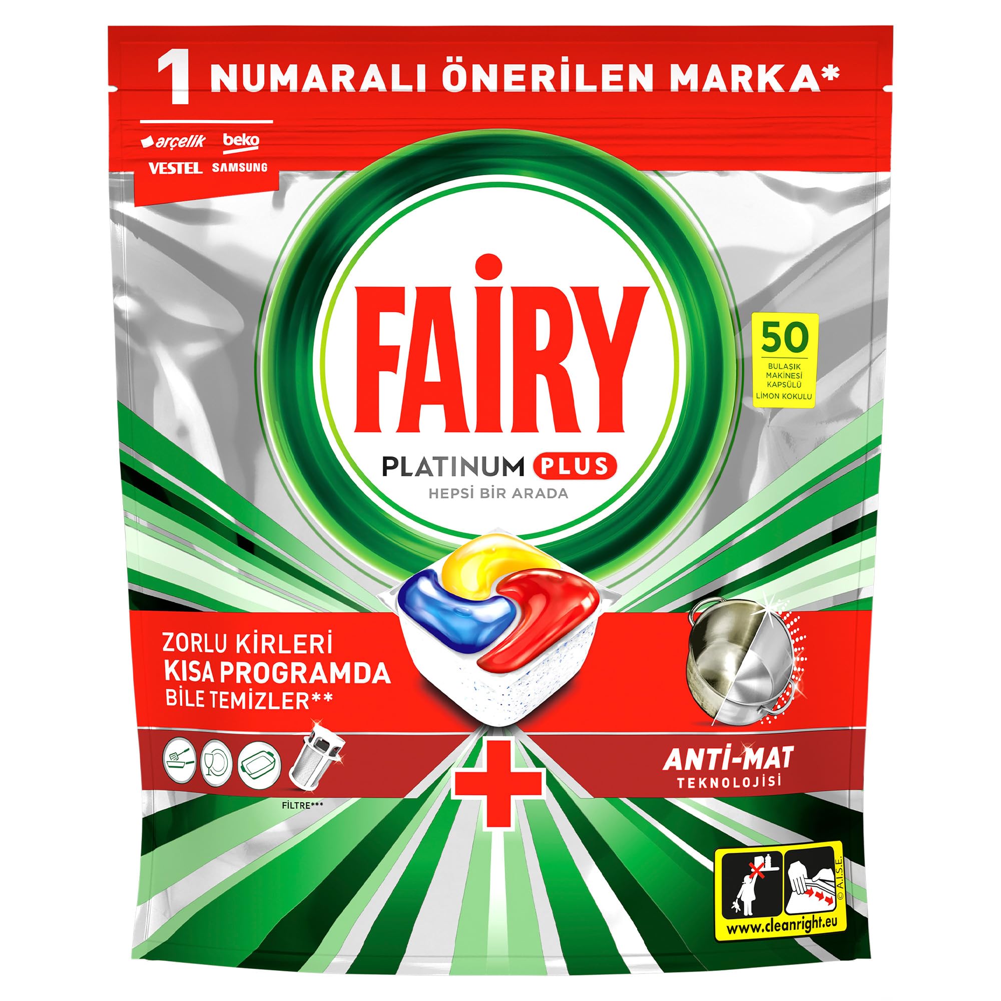 Fairy Platinum Plus, Kapsułki do zmywarki, All-in-One, Cytrynowe, 50 sztuk (2 x 25), Z funkcją nabłyszczania i ochroną szkła