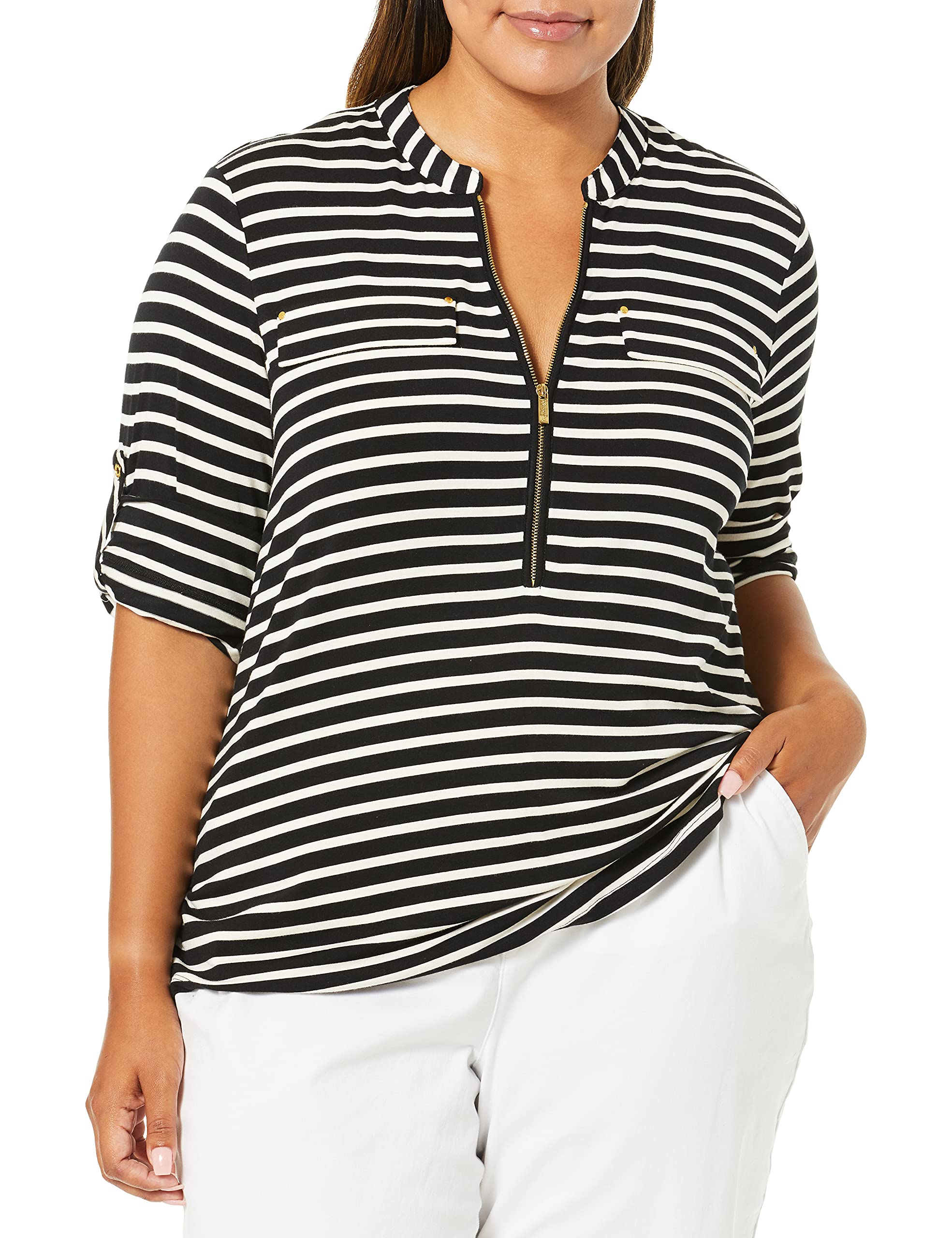 Calvin Klein Women's Plus-Size Zip-Front Roll-Sleeve Top