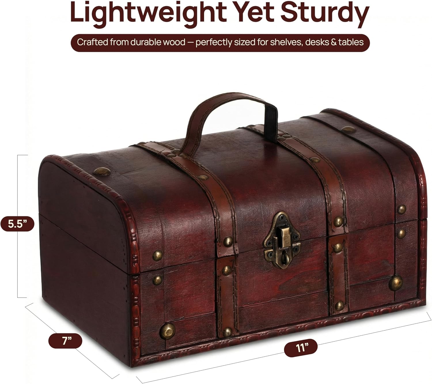 Vintiquewise Decorative Wooden Treasure Chest Keepsake Box Large Memory Trunk, Wood Lock Box, Treasure Chest Box for Kids & Adults