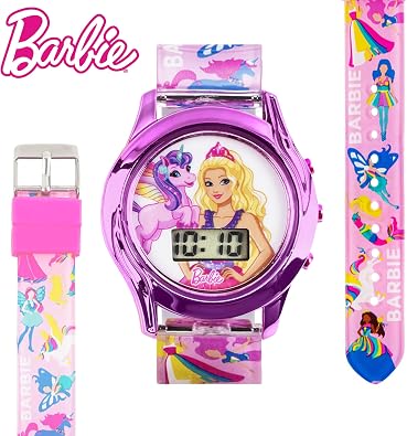 Mattel Barbie Kids Digital LCD Watch with Curved Bezel, Flashing Dial Lights and Printed Pink Strap Featuring Barbie and Unicorn Graphics Ages 4+ Fits Wrists 5.5-8