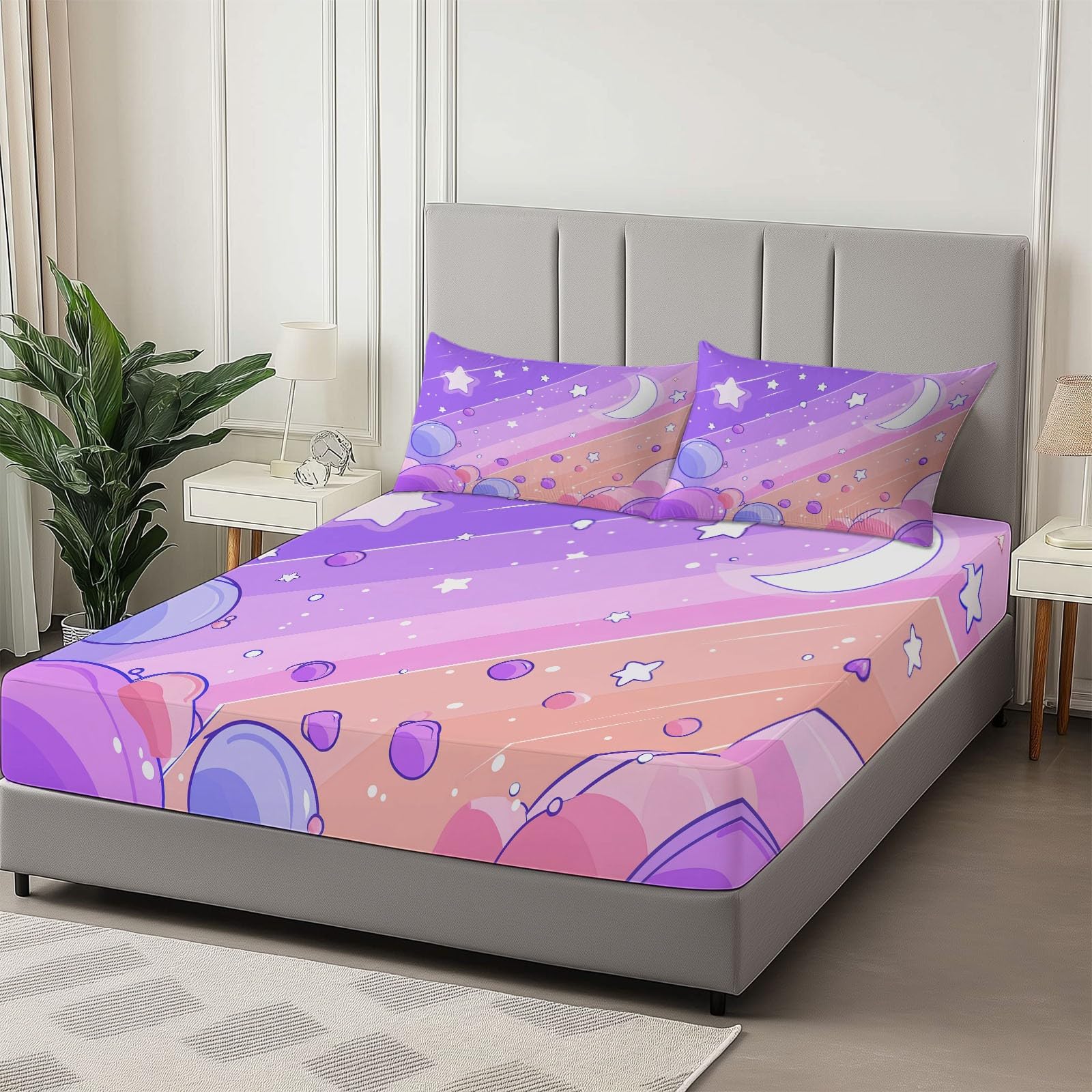 Prześcieradła z gumką w rozmiarze King Size – 30 cm głęboki fiolet, kreskówkowe marzycielskie gwiaździste niebo, popularne prześcieradła z gumką, miękka szczotkowana mikrofibra, łatwa pielęgnacja