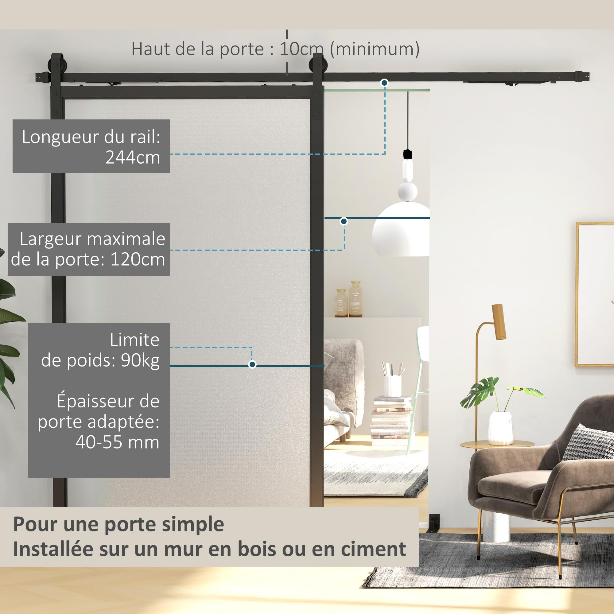 HOMCOM 244 CM quincaillerie de porte coulissante sans perçage kit de rail pour porte de grange simple en acier avec cintre en forme de J - noir