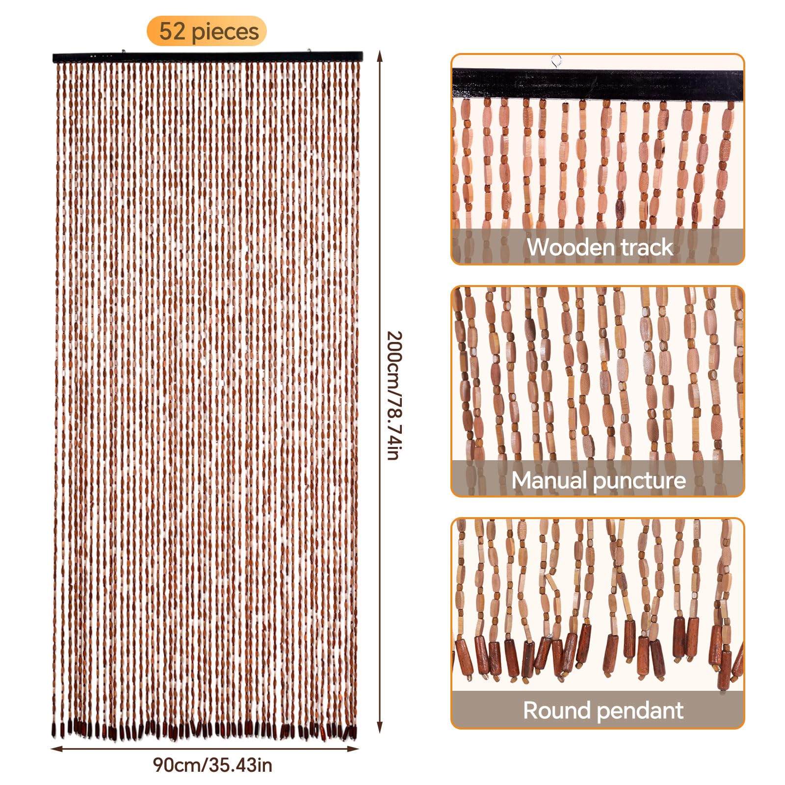 Tenda per porta del balcone, 90 x 200 cm, stile bambù, con 52 fili, zanzariera in perle di legno, per balcone, camera da letto, campeggio, tenda decorativa per porta, realizzata a mano