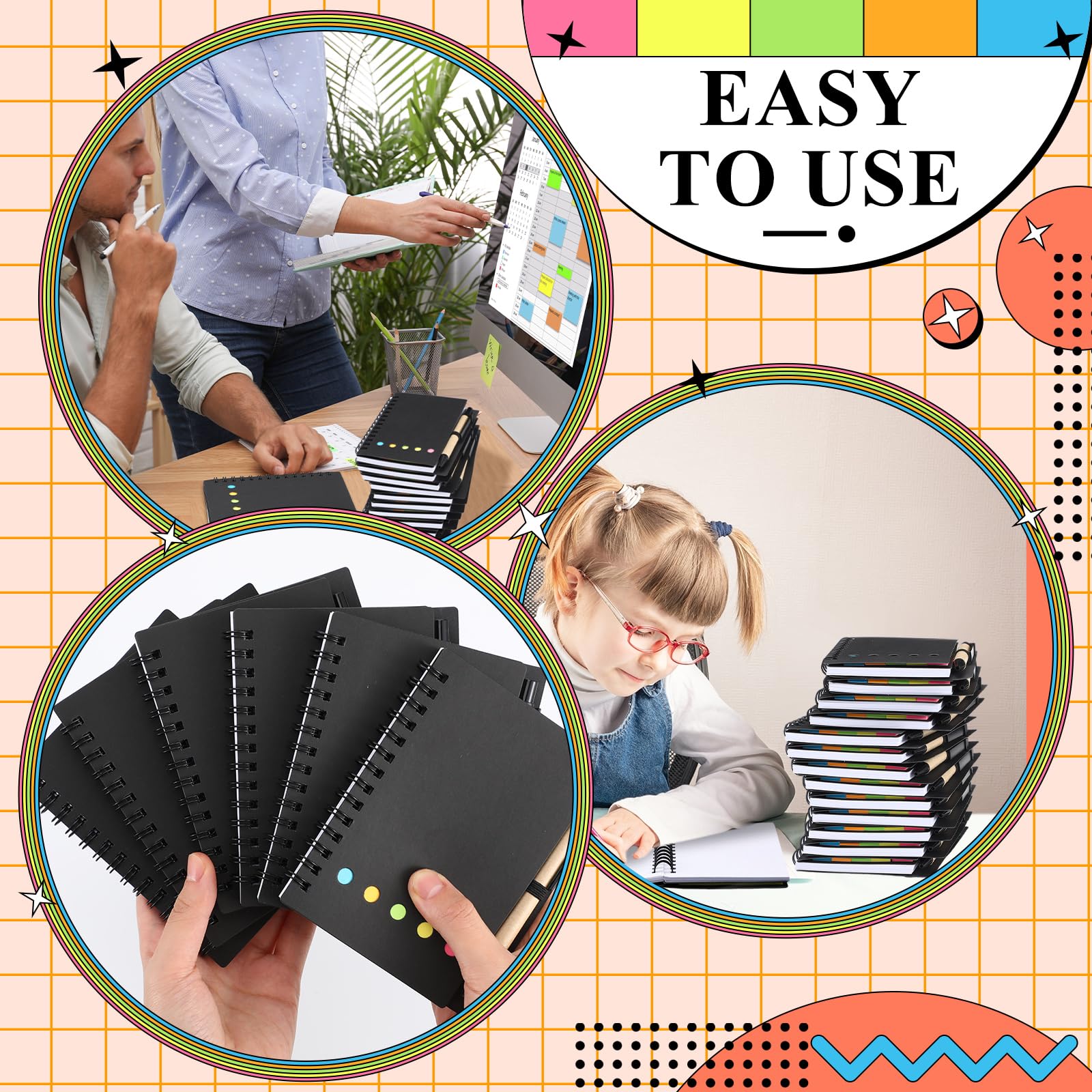 Qilery Confezione da 150 quaderni a spirale a righe, piccolo blocco note e penna, blocco note a righe, nero, tascabile, per ufficio aziendale
