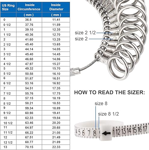 Miniatura 6 de Medidores de joyería Medidor de anillos de hierro inoxidable Herramienta de medición de tamaño de anillo de dedo Juego de calibrador de anillos