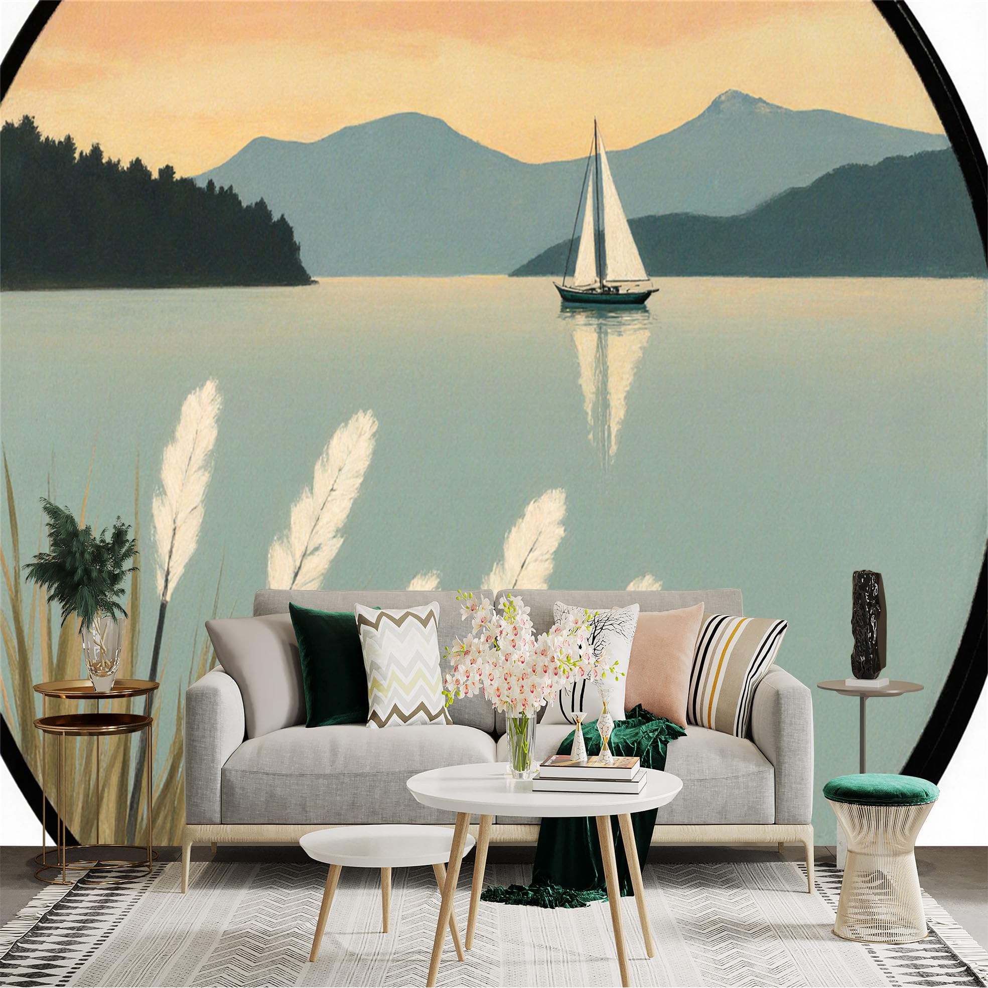 Custom Size Wall Sticker Mural， Serene Lake Landscape， Sailboat on Water， Coastal Reeds at Sunset， Mountain Scenery， for wall Decoration， peelandstick wall Decals.