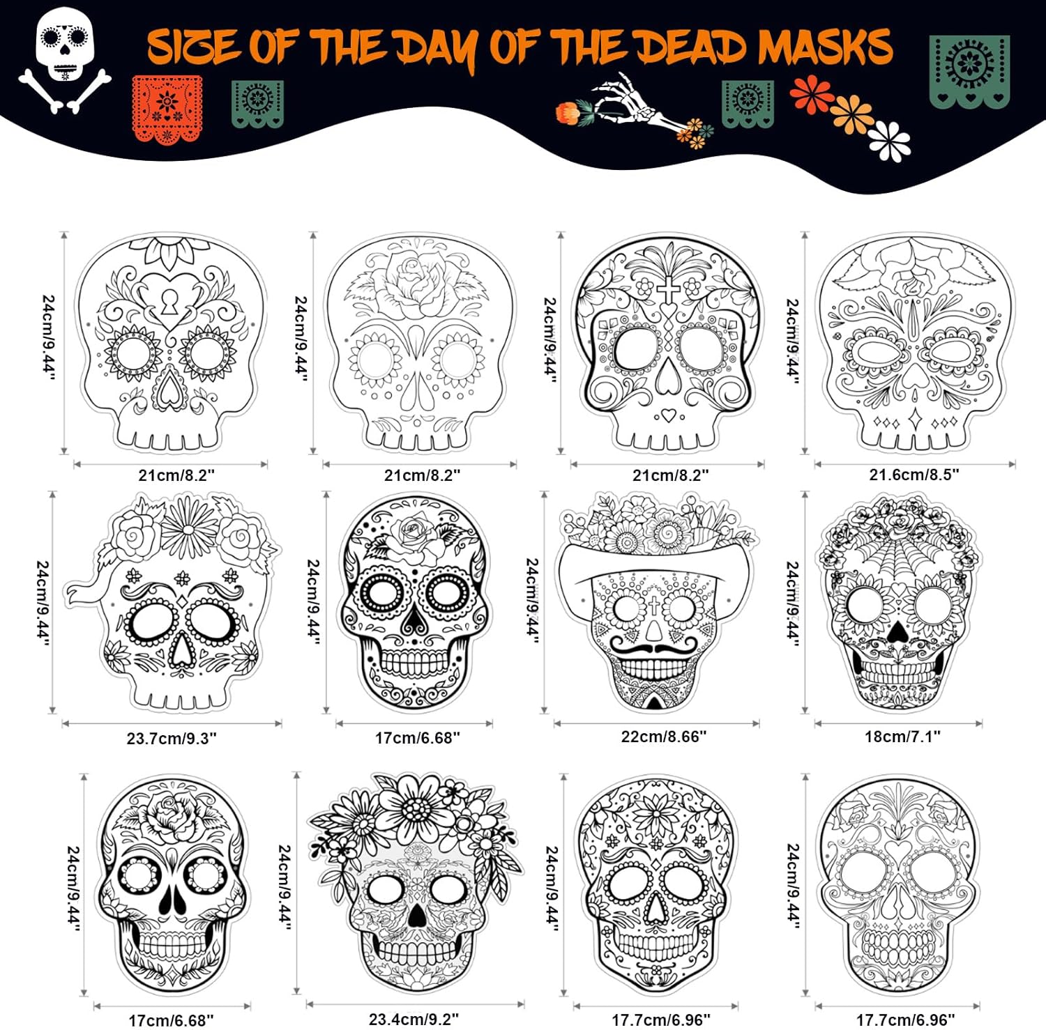 MineIdea 24 Pack Day of The Dead DIY Masks, Color You Own Sugar Skull Mask Painting Dia De Muertos Halloween Paper Masks with 12 Watercolor Pens and Elastic Headbands for Halloween Party, Crafts