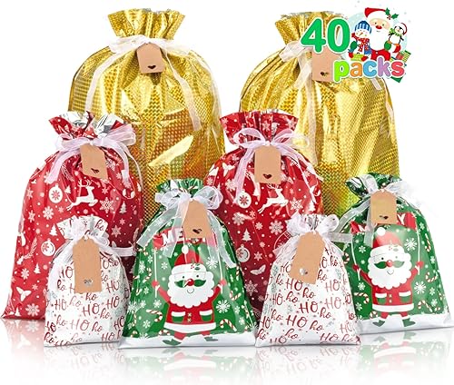 Tiblue Bolsas de regalo de Navidad con cordón  40 bolsas de regalo de Navidad con etiquetas, bolsas de regalo de vacaciones, varios tamaños para