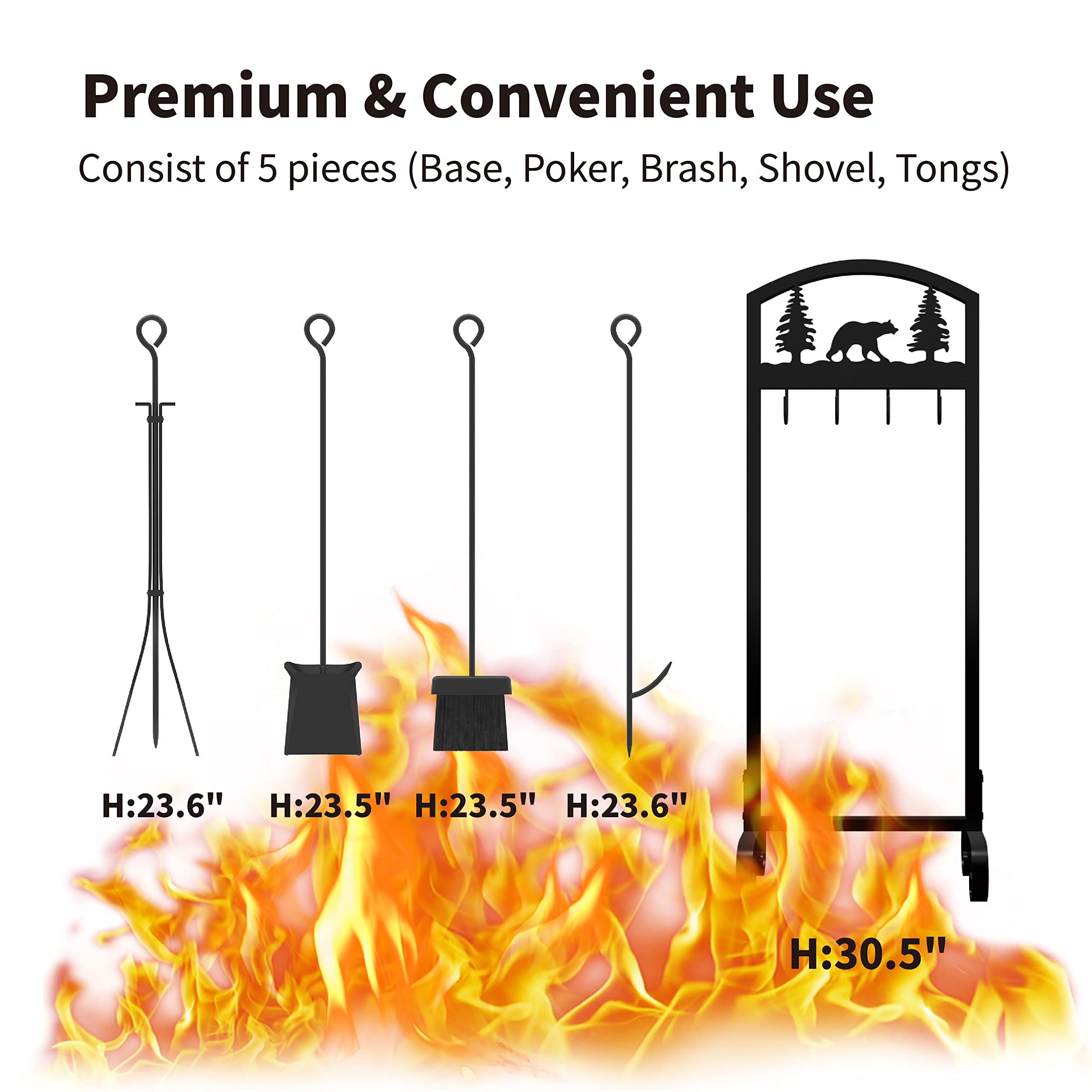 Flohover Fireplace Tools Set 30.5 inch Christmas Animals Pattern 5 Pieces Tool Sets Handle Wrought Iron Holder Firewood Tongs Shovel Brush Chimney Poker Stove Fireplace Accessories Kit With Base Stand
