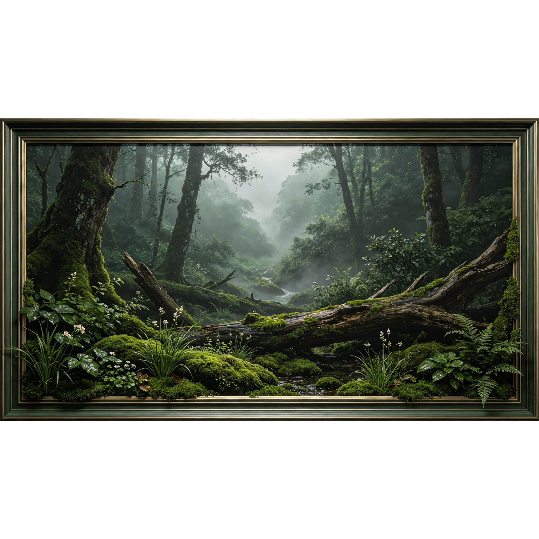 QZLITHOTIC 50x90cm3D Framed Wall Art， Misty Forest Stream Botanical Landscape Self‑Adhesive Mural， Water‑Activated Peel & Stick Fabric Decor Wall Decal for Bedroom Living Room