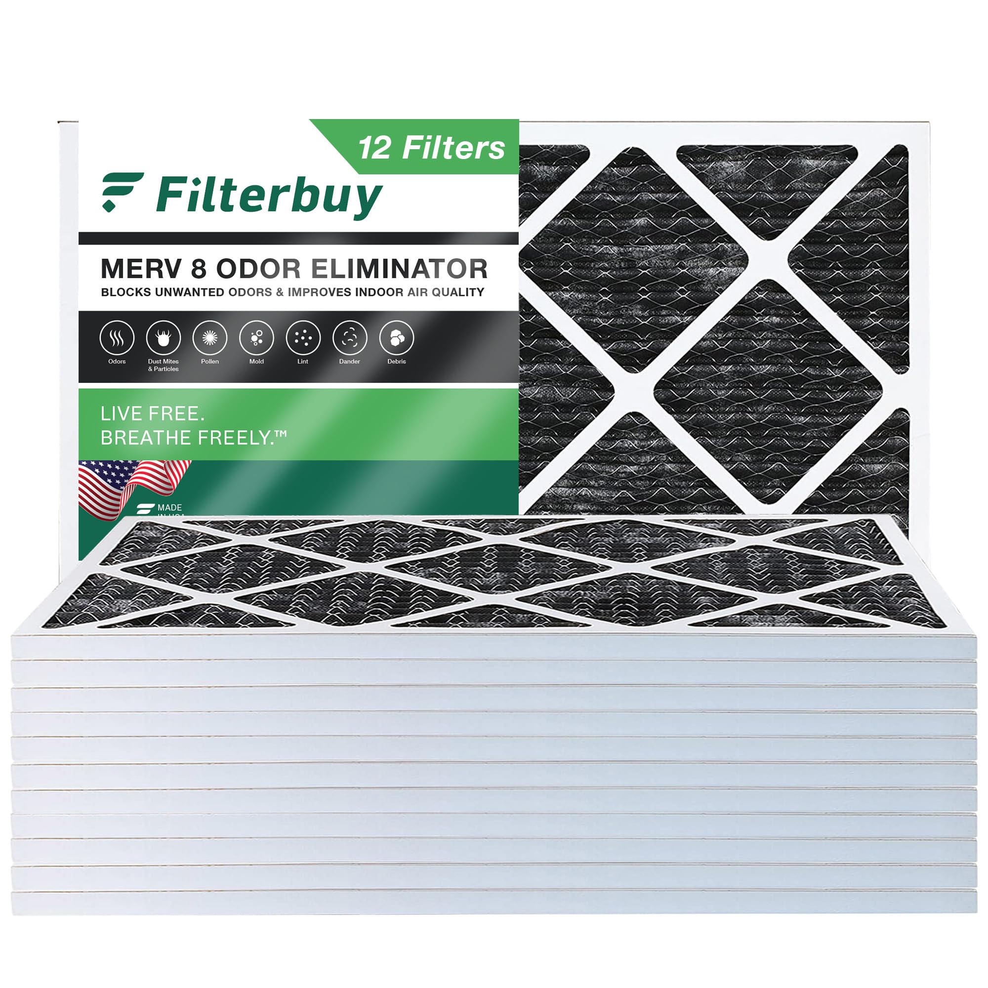 Filterbuy 20x30x1 Air Filter MERV 8 Odor Eliminator (12Pack), Pleated