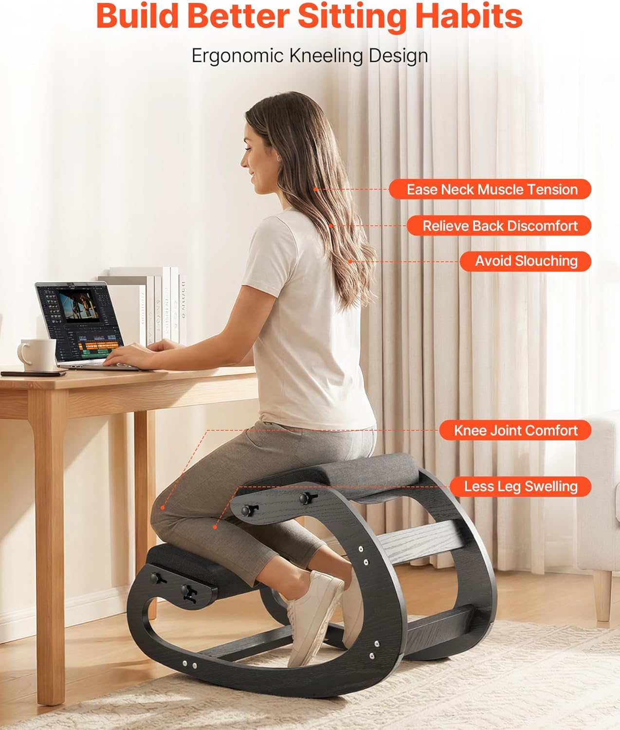 VEVOR Ergonomic Kneeling Chair, Wooden Posture Knee Chair with Adjustable Thick Foam Cushions & Solid Wood Frame, Adjustable Height, Relief for Neck or Back Pain for Home, Office or Meditation, Black