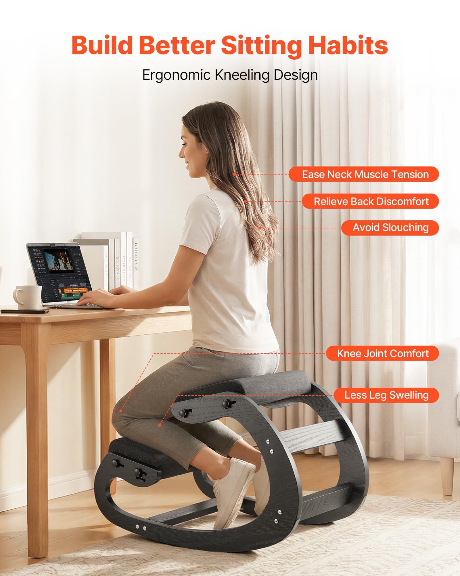 VEVOR Chaise à Genoux Ergonomique, Siège Assis Genoux Coussins en Mousse Épaisse, Réglables à 3 Niveaux, pour Maison Bureau Méditation, Cadre en Bois Massif, Soulage Tensions du Cou et du Dos, Noire