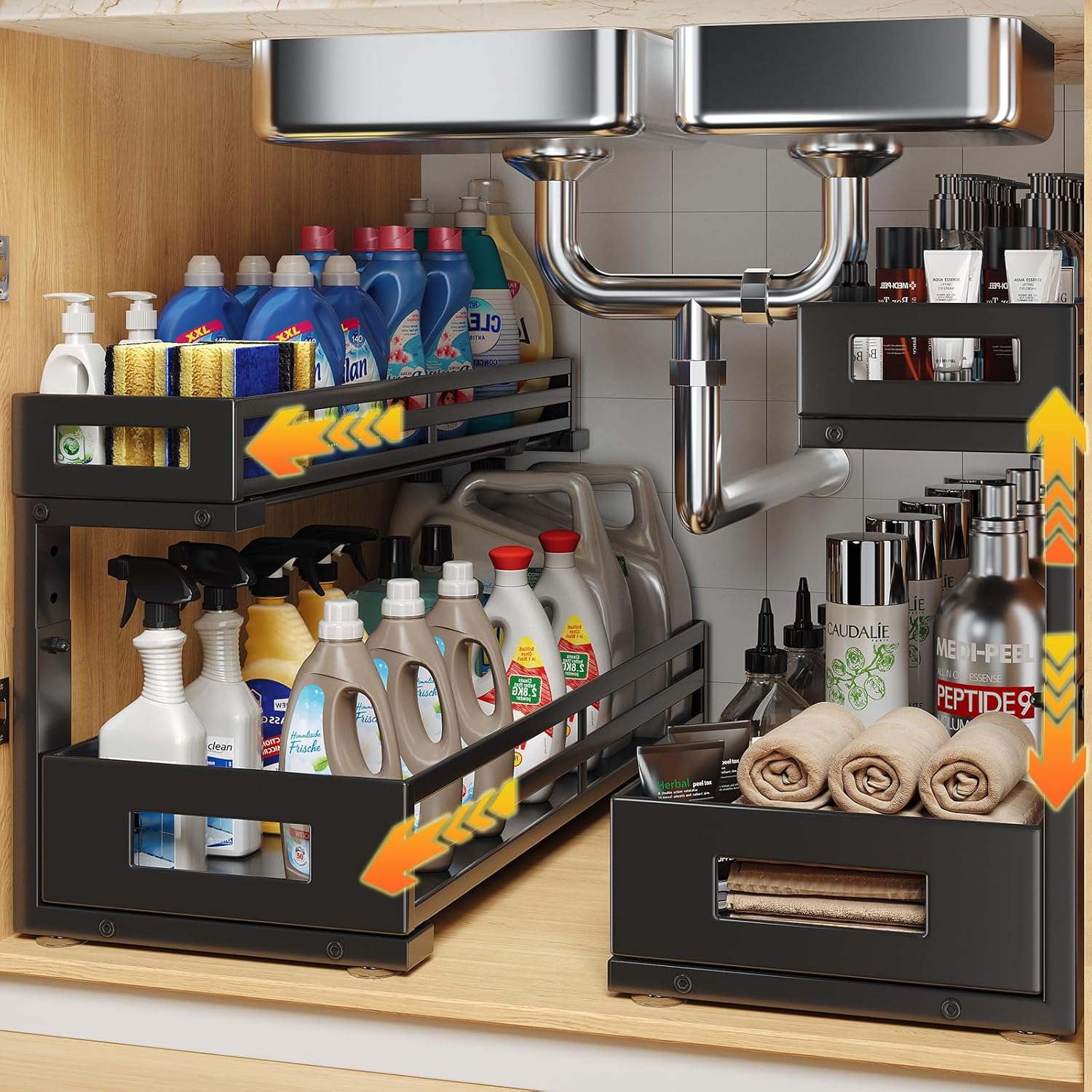 2-Pack 20.47"Deep Under Sink Organizer And Storage,2-Tier L-Shaped Pull Out Cabinet Organizer with Upgraded Slide Rails,Height Adjustable Drawers for Kitchen&Bathroom,Extra-Large Storage Shelves–Black 2 Pack-20.47"Dx11.4"-16.34"H Black