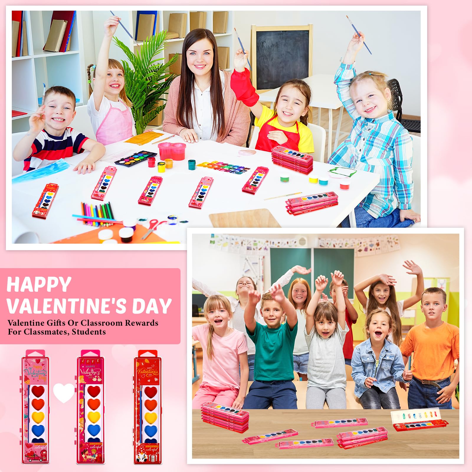 Watersay Set di 48 colori ad acquerello a forma di cuore di San Valentino, 8 colori lavabili con pennelli, kit per pittura ad acqua, bomboniere, regali di San Valentino, kit per pittura per adulti
