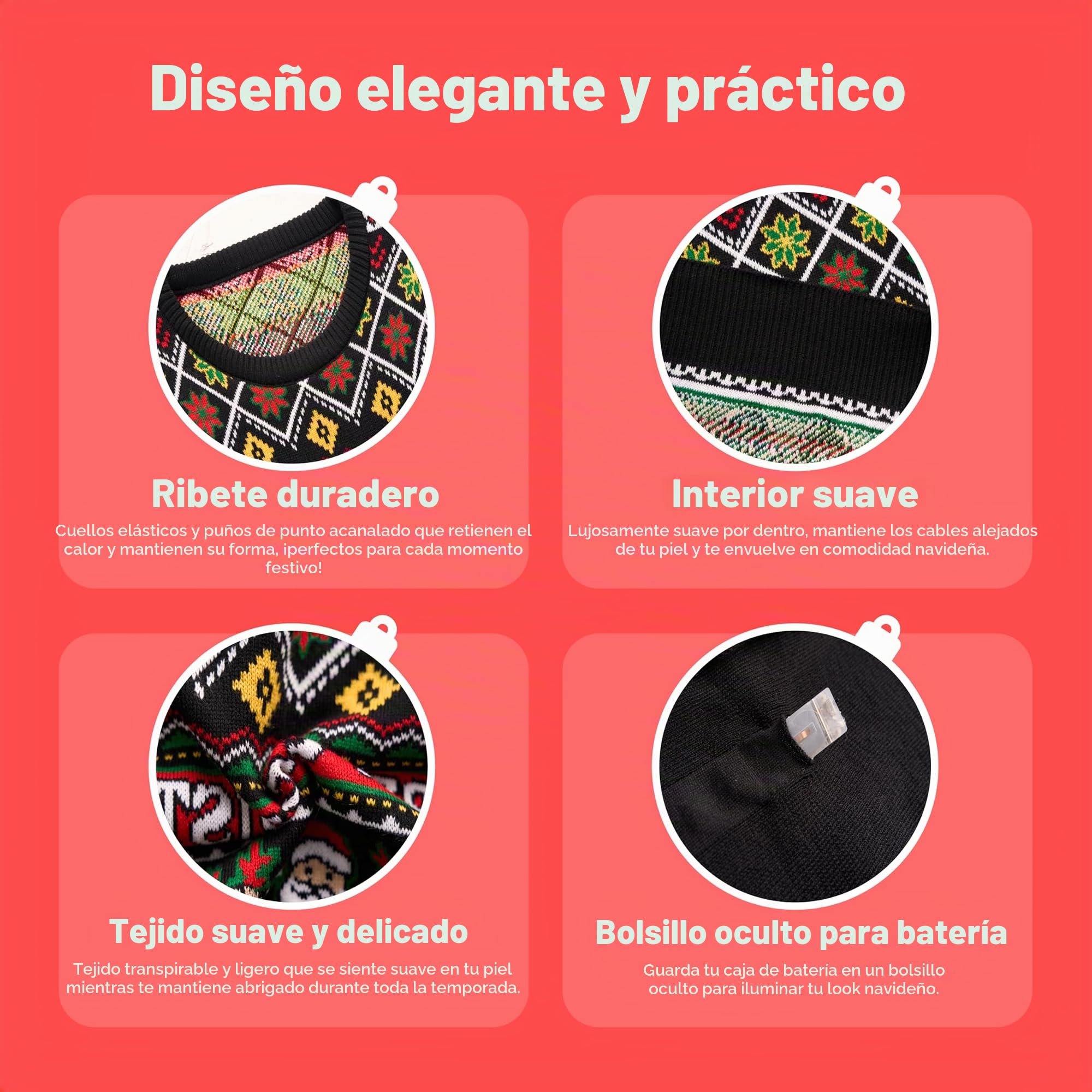 Giggling Getup Suéter de Navidad feo brillante para hombre, divertido y feo suéter navideño con luces LED, suéter de vacaciones de Navidad en negro