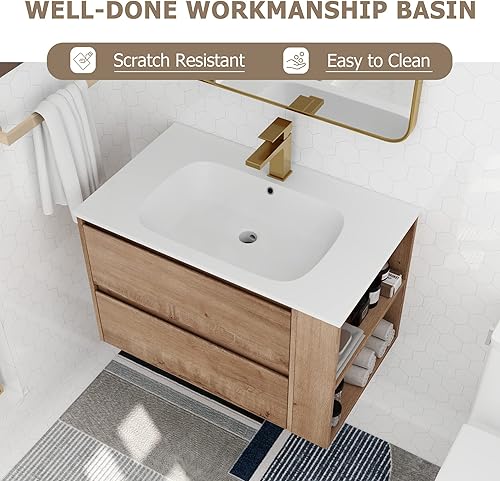 Miniatura 4 de SSLine Moderno tocador de baño flotante de 30 pulgadas con lavabo montado en la pared con lavabo superior y 2 cajones y estante abierto, armario de