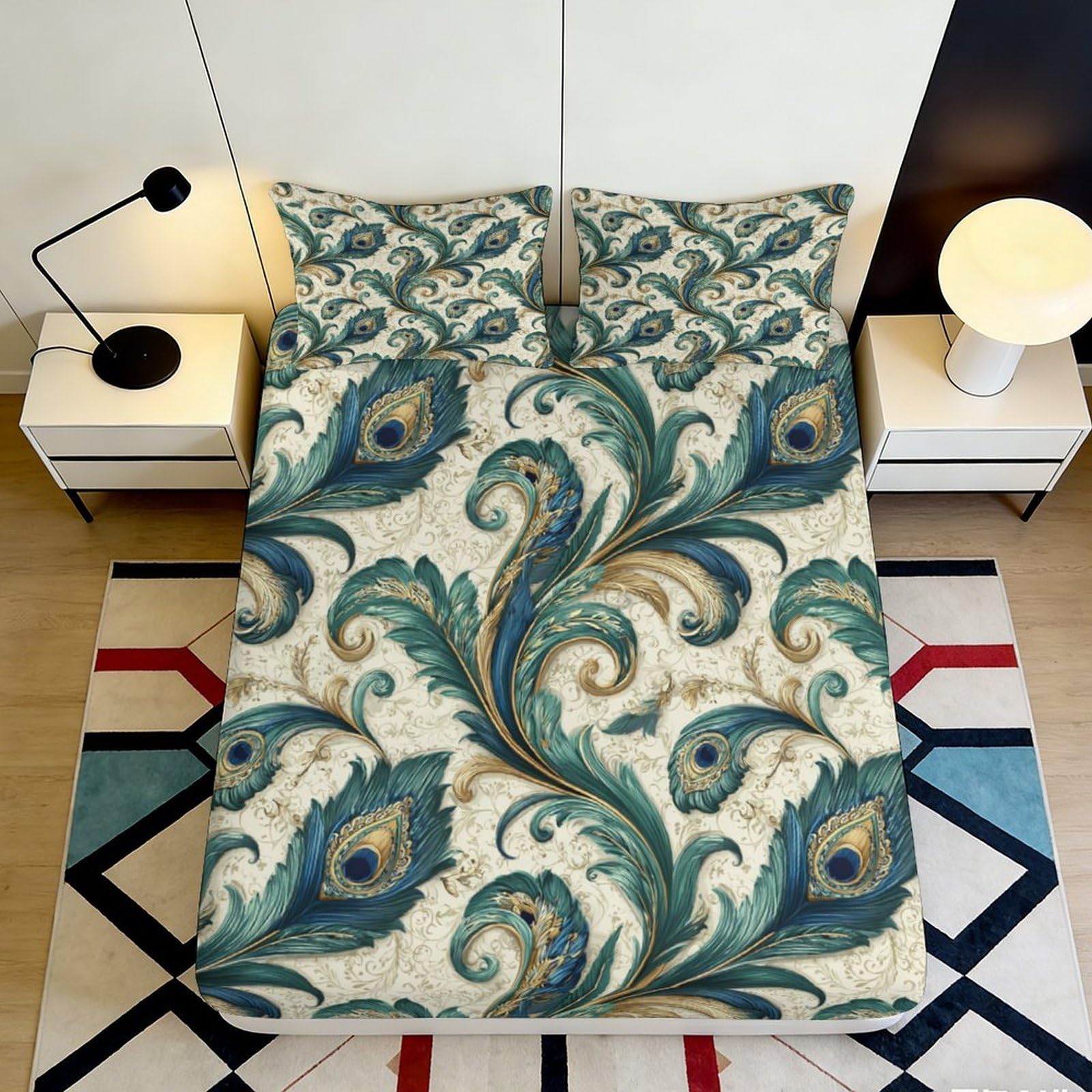 3D Printed Peacock Feather Fitted Sheet Microfiber Soft Decorative Vintage Leaf Bed Cover for Bedroom Guest Room 180x200x25cm