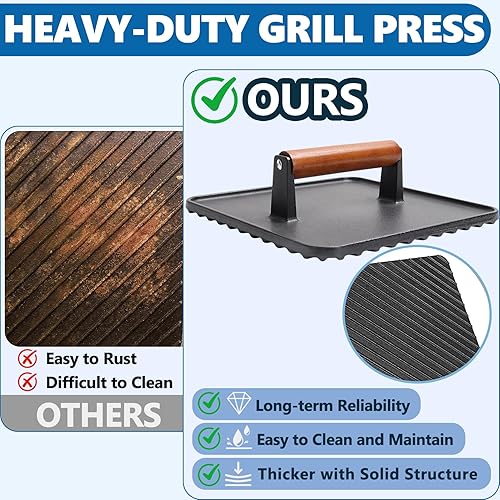 Miniatura 6 de SafBbcue Prensa cuadrada de hierro fundido de 10 pulgadas, prensa de peso para Blackstone, Pitboss, accesorios para parrillas planas de Camp Chef,