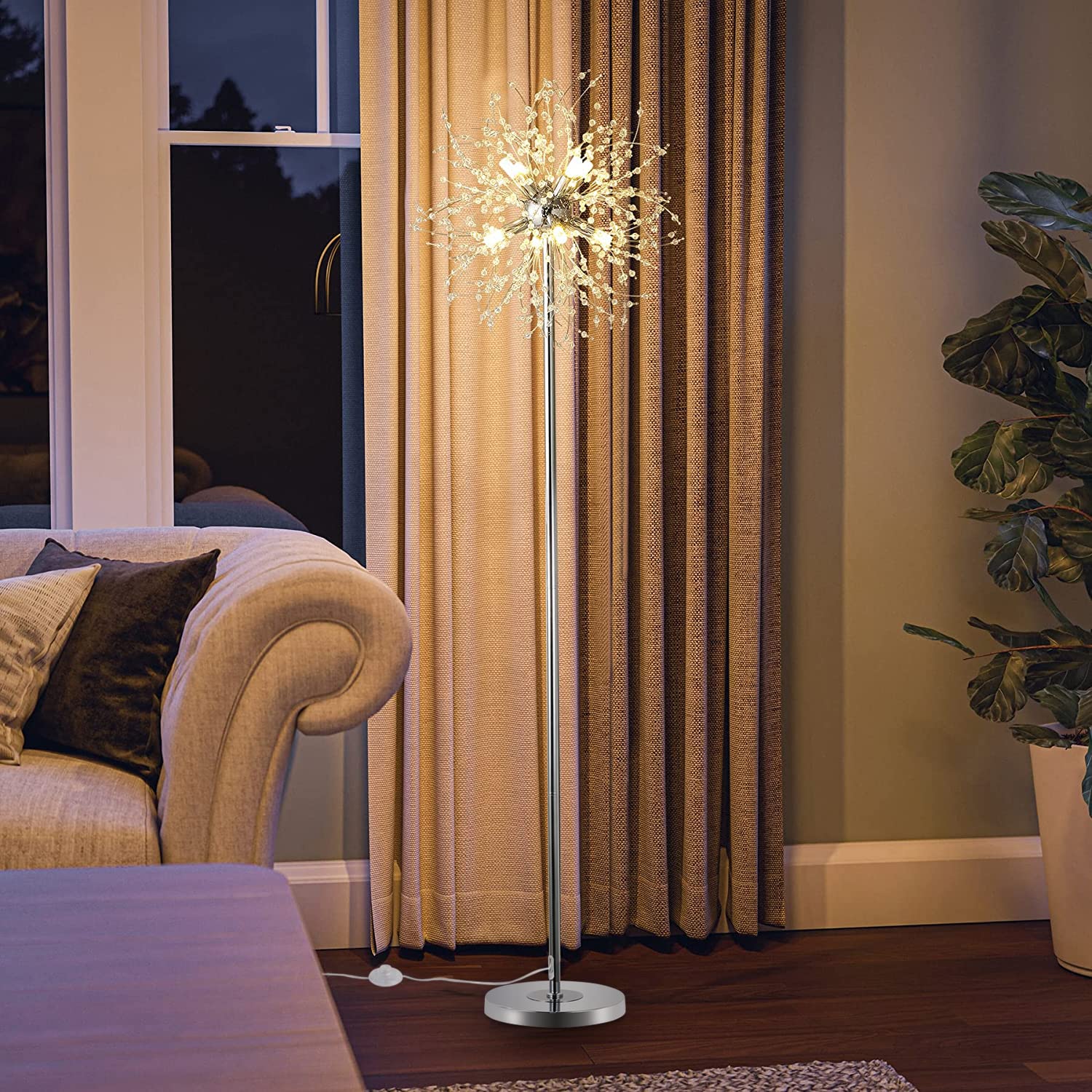 Lampada da terra moderna in cristallo Rayofly, cromata con fuochi d'artificio con interruttore a pedale,G9 a 8 luci, in vetro metallico